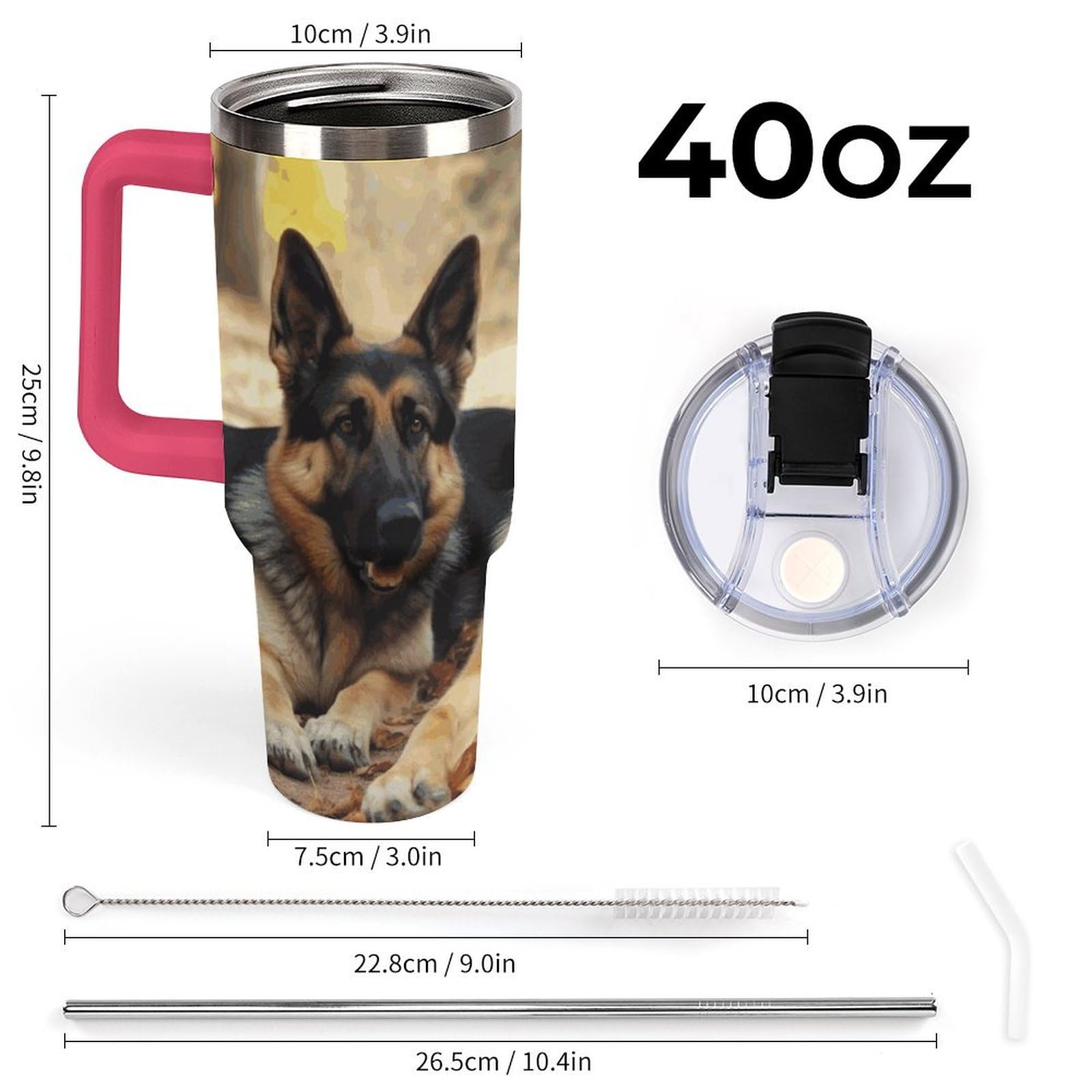 Autobecher mit großem Fassungsvermögen und Strohhalm-Deckel, deutscher Schäferhund, auslaufsicher, isoliert, Edelstahl, passt in Auto-Becherhalter