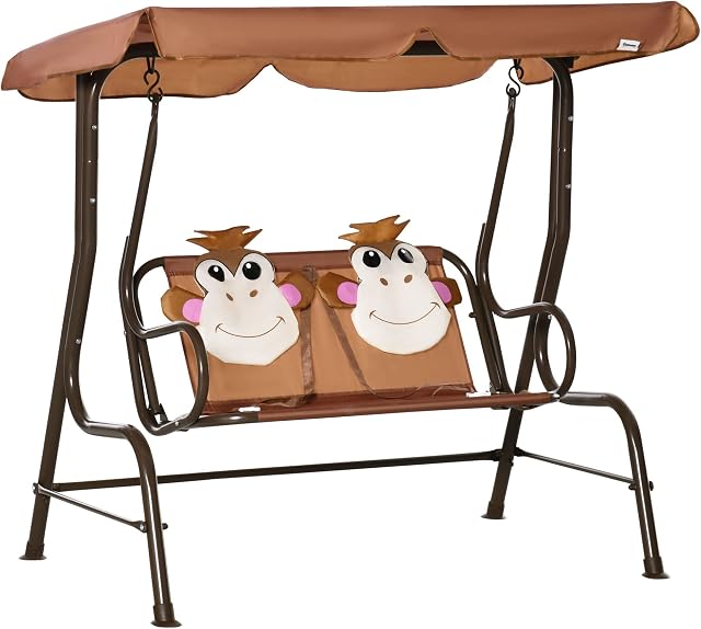 Outsunny Two-Seat Kids Garden Swing Seat, Children Outdoor Patio Lounge Chair for Gardens w/ Adjustable Awning, Seatbelt, Monkey Pattern - Brown