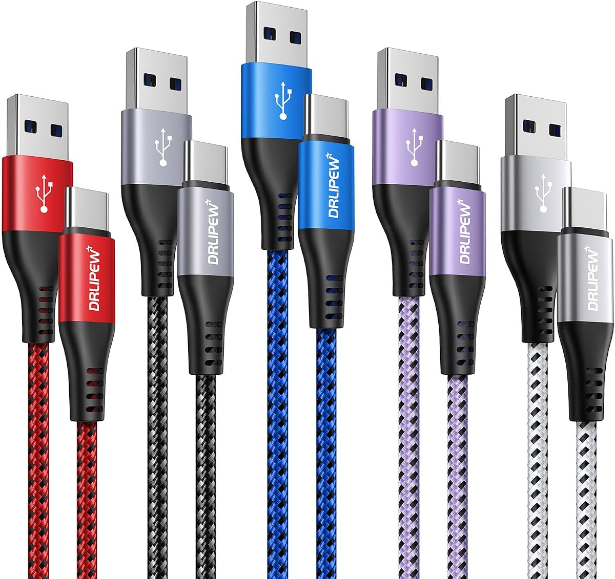 DRLIPEW USB to USB C Cable 3ft 5-Pack,USB Type C Charger Cord Fast Charging Braided 3A Fast Charing Cable Compatible with iPhone 15 16, Samsung Galaxy S20+ S21 S22 S23 S24 5G, A14 A15, Tab S9 A9+, LG