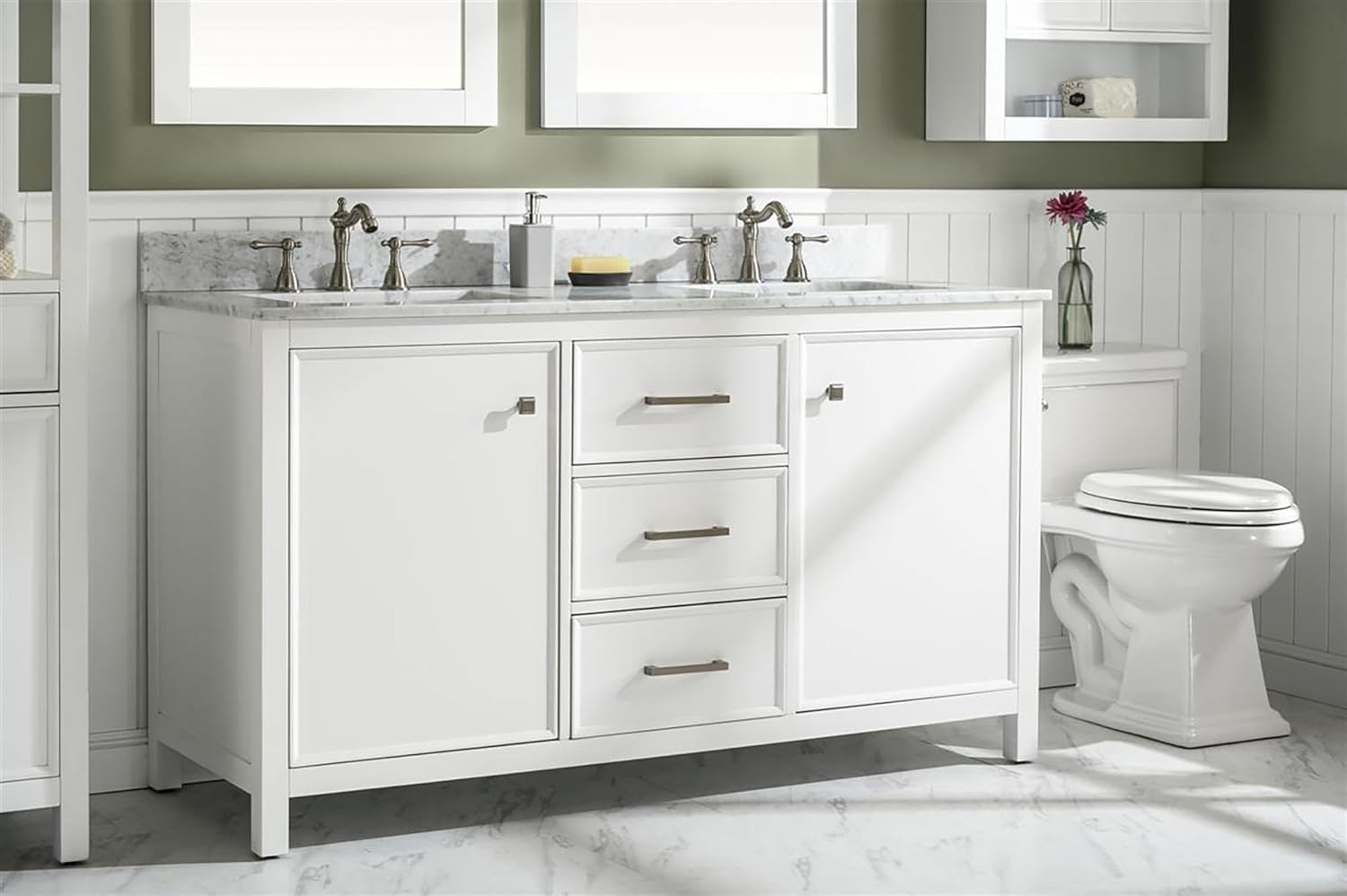 Legion Furniture Indoor Bathroom Home Decorative 60" White Finish Double Sink Vanity Cabinet with Carrara White Top