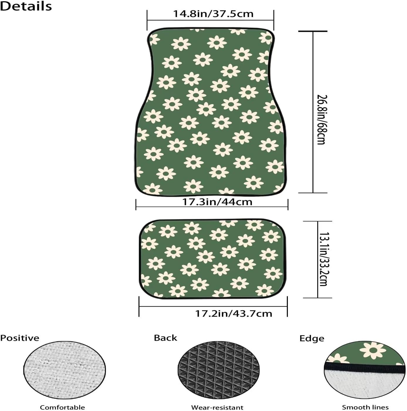 JEOCODY Sage Green Hippie Daisy Car Floor Mats Carpet Soft Rubber Car Floor Mats Carpet Black 2PCS Non Slip Car Front Rear Floor Liner Auto Accessories Car Mats for Women All Weather