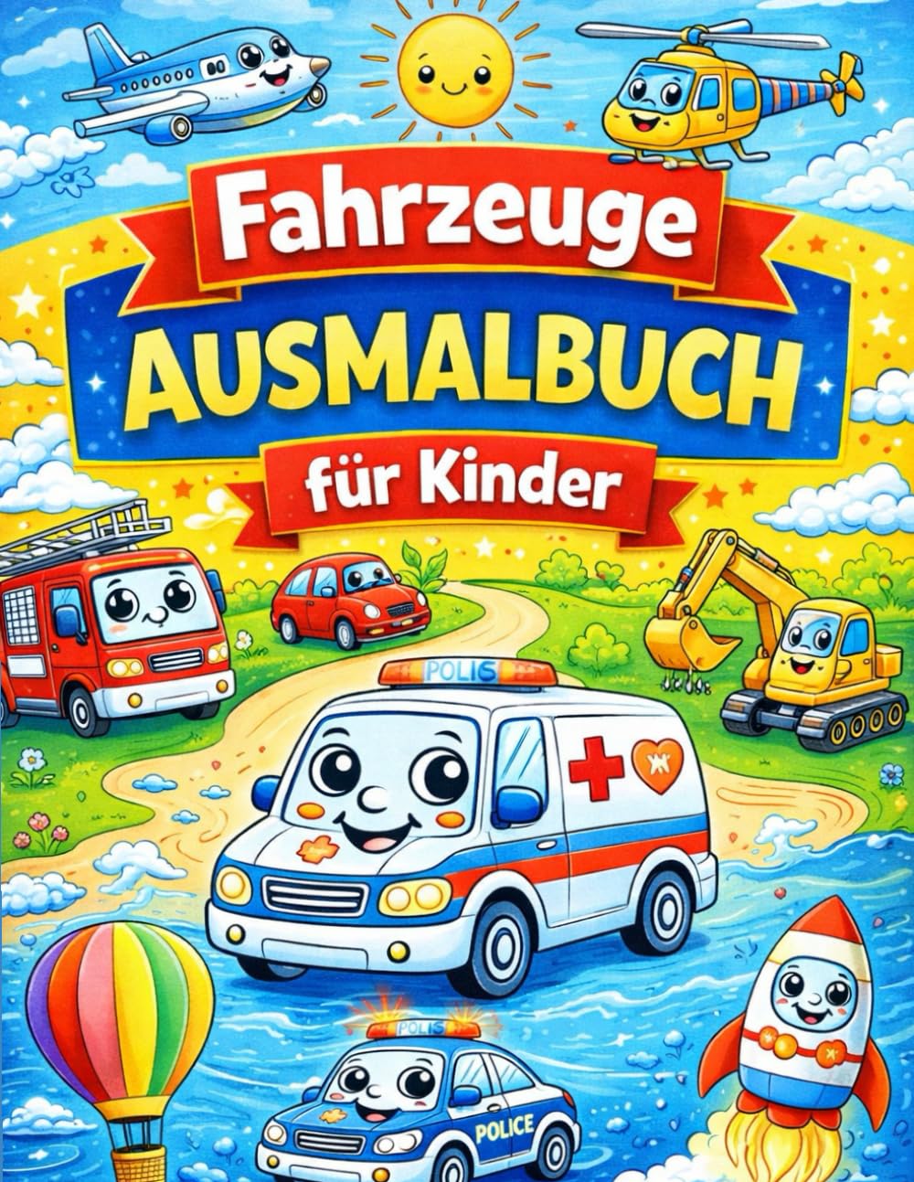 Großes Fahrzeuge Ausmalbuch für Kinder ab 3 Jahren: 25 einfache Motive mit Autos, Flugzeugen, Baggern und mehr