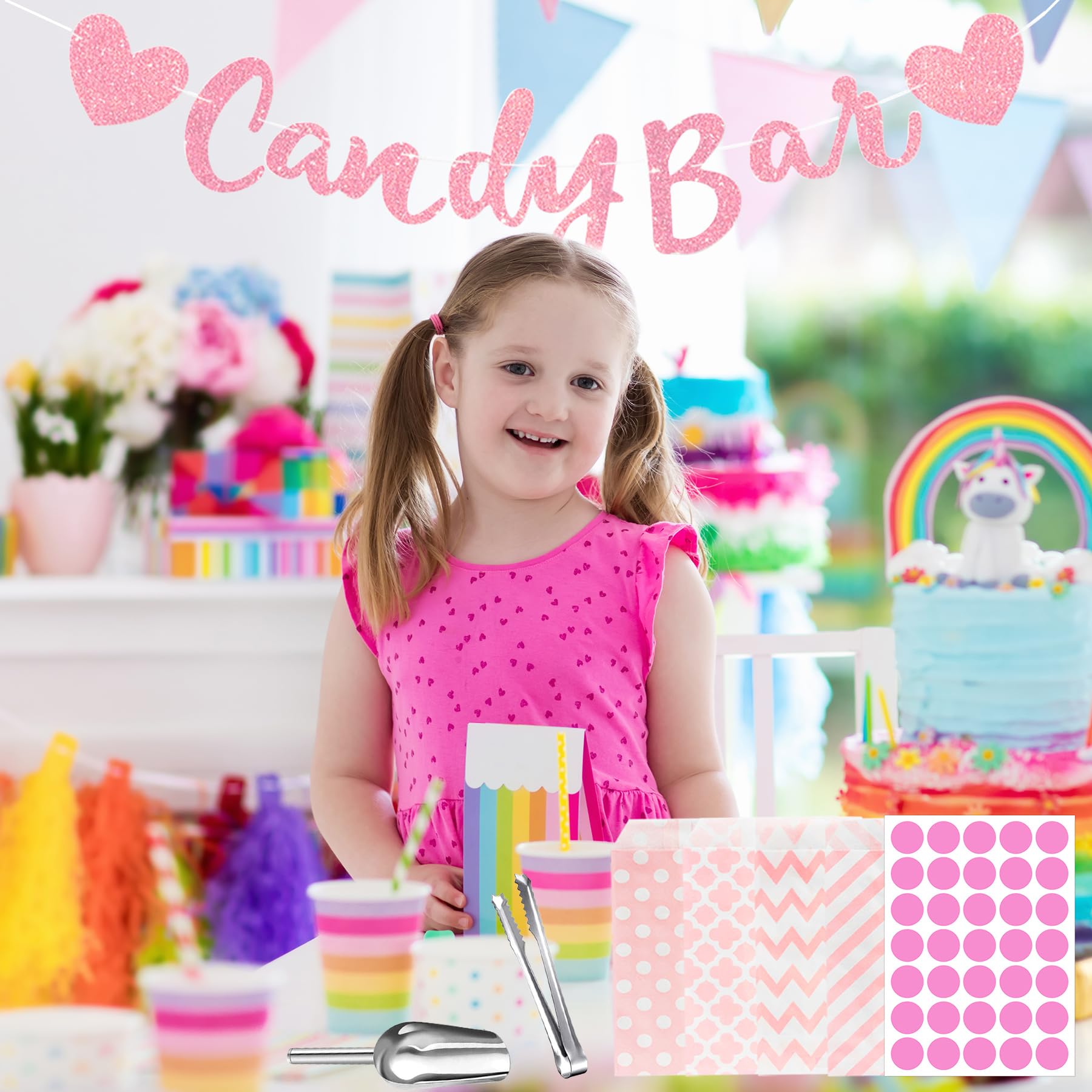 114PCS Set di Accessori per Candy Bar,Contiene 100 Sacchetti di Caramelle,3 adesivi,6 pinze per zucchero,4 Pale di Caramelle,1 Striscione Candy Bar Banner per caramelle,bar,buffet