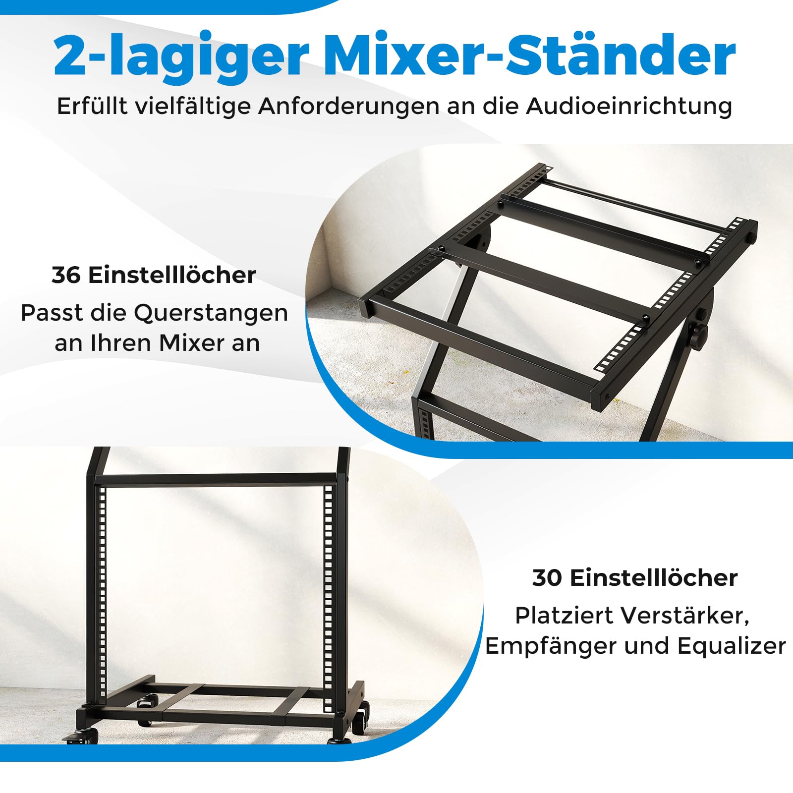 COSTWAY mobiler Rack Wagen, DJ Audioständer 30 Höheneinheiten, DJ Controller Ständer mit verstellbaren Querstreben & abschließbaren Rollen, HiFi Rack für Musikstudio, Sound-Equipment