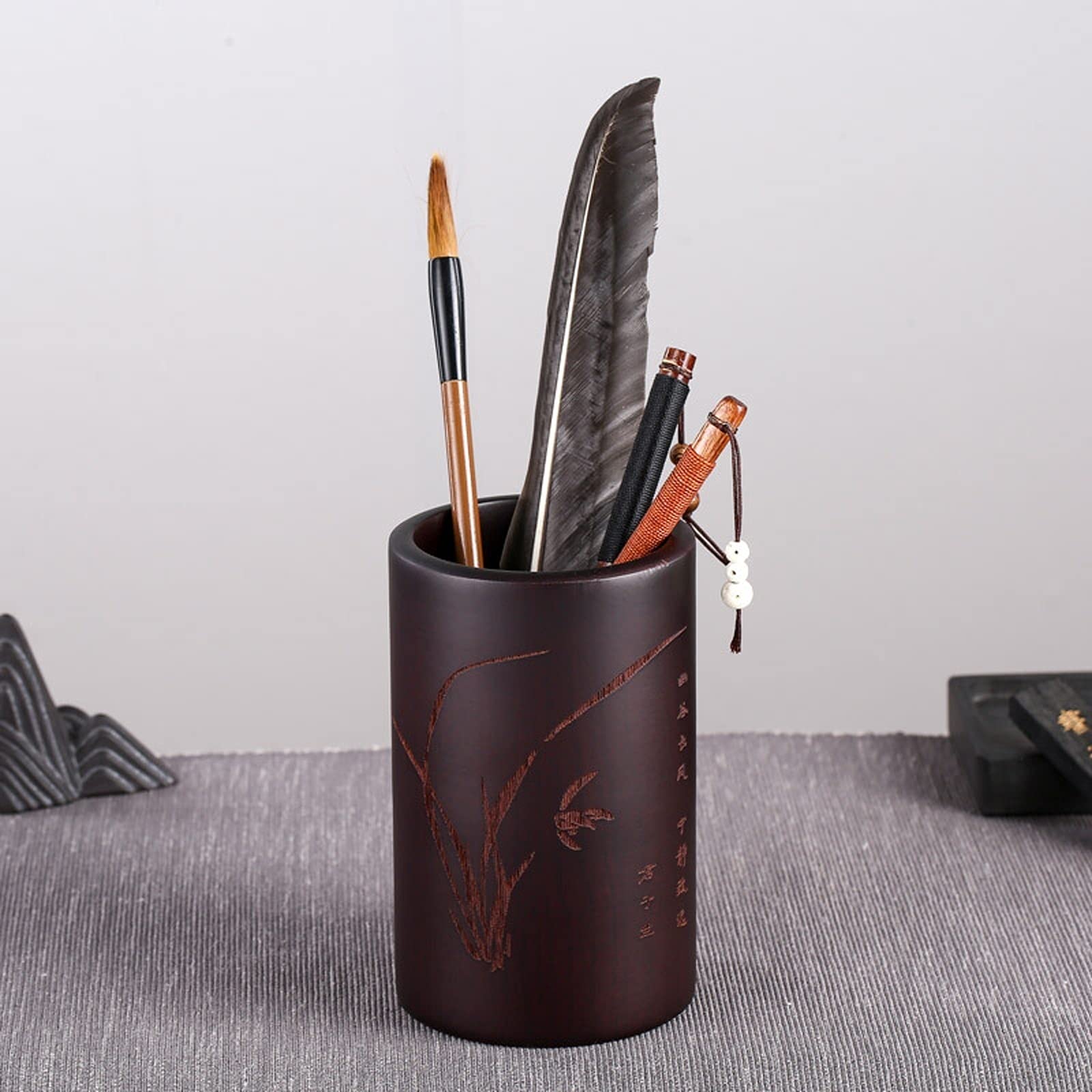 porte-stylo Porte-crayon en bois Porte-crayon Tour rond Stand polyvalent Boîtier de billets de gobelets à crayons naturels Boîtier d'organisateur, pour bureau de bureau de l'école pot à pinceaux(A)