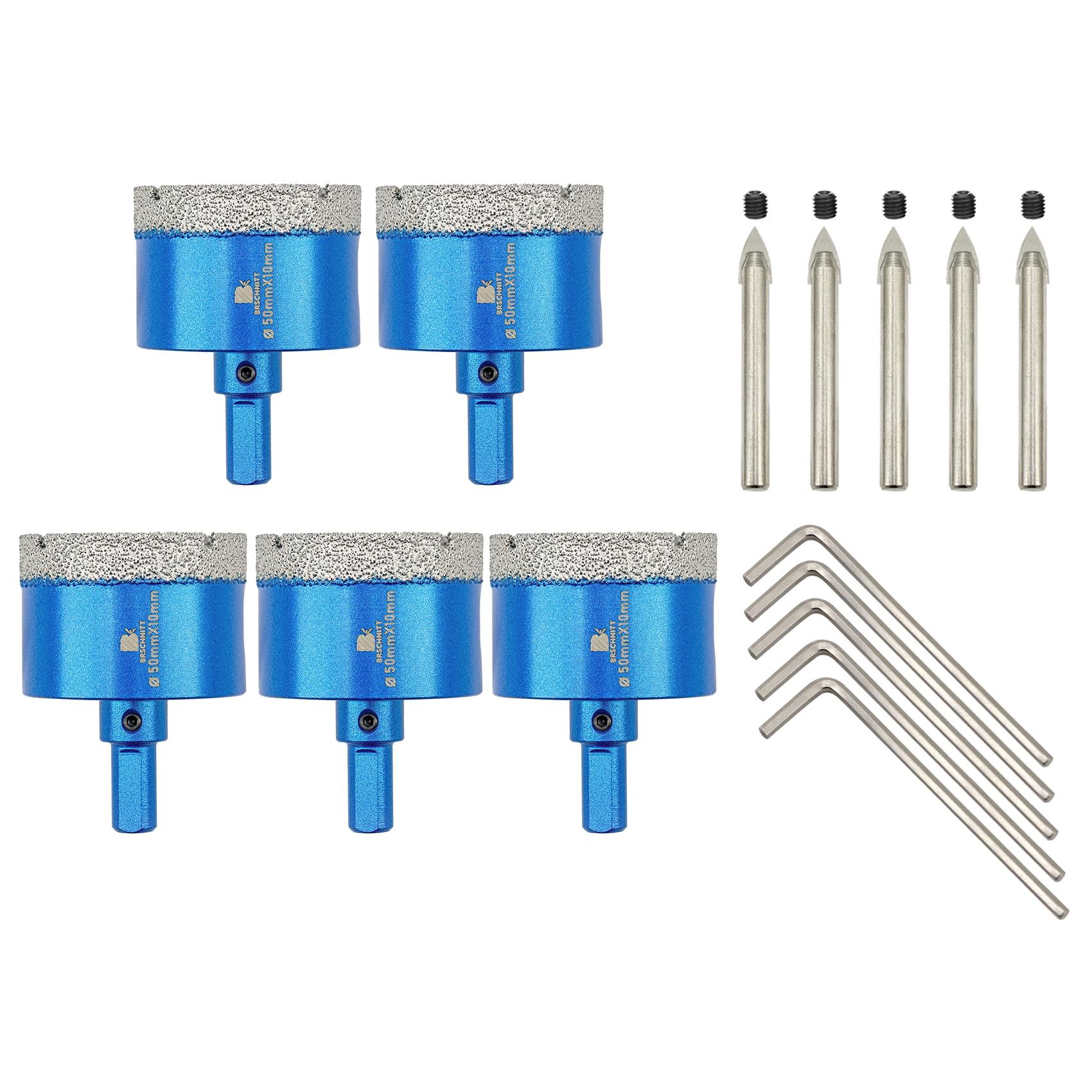 BRSCHNITT Dry Diamond Core Drill Bit with Pilot Bit - 2"inch Diamond Tile Hole Saw with Triangle Shank for Porcelain Tile Ceramic Stone Granite Marble(5pcs)