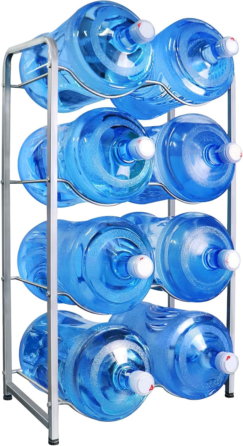 5 Gallon Water Bottle Holder，4-Tier Water Jug Holder Storage Rack for 8 Bottles， 4 Trays Heavy Duty Water Jug Organizer of Carbon Steel with Protect Floors Save Space for Office, Kitchen,Garage.