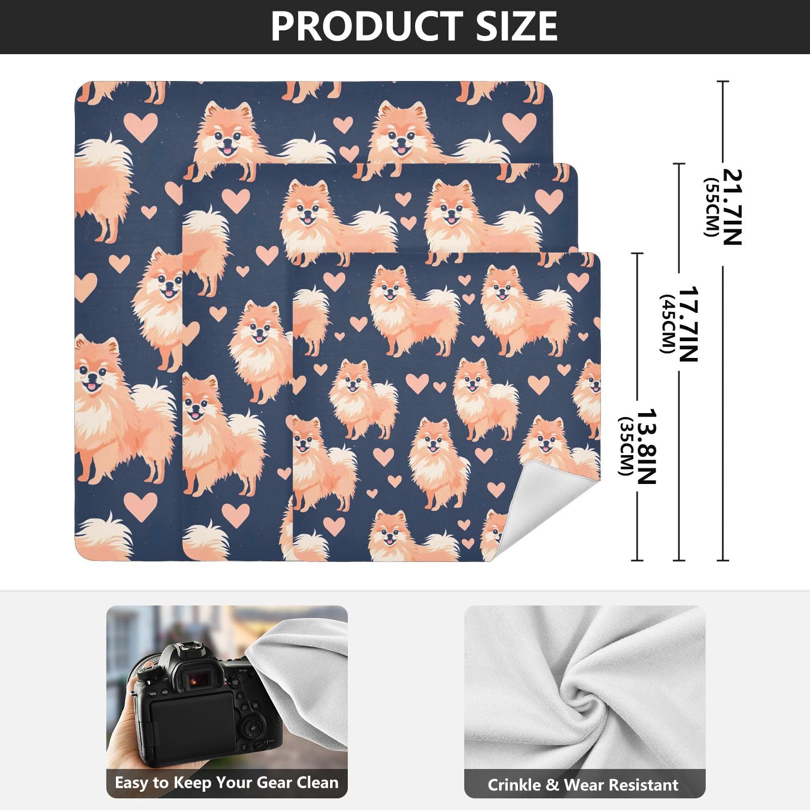 ODAWA Cute Dogs Hearts Self-adhesive Cloth 21.7X21.7 Inch Makeup Wrap Cloth Bag Wrap Protection for Camera and Lens