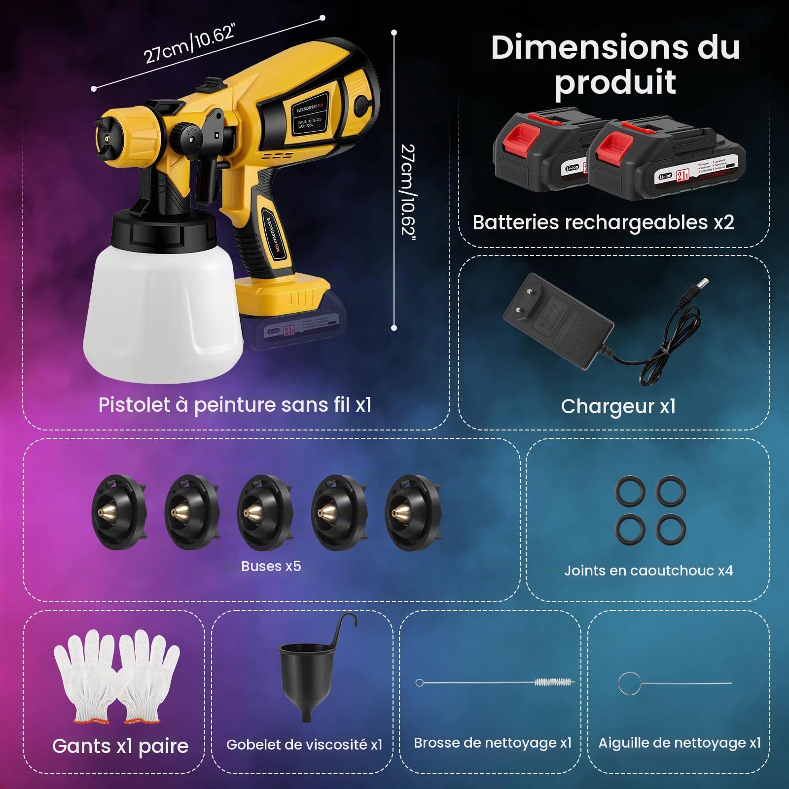 Jradse Pistolet pulvérisateur de peinture sans fil électrique avec 2 batteries de 3000 mAh, gobelet amovible de 1000 ml, 5 buses et 3 modèles de pulvérisation, pour clôtures, abri de jardin, pistolet