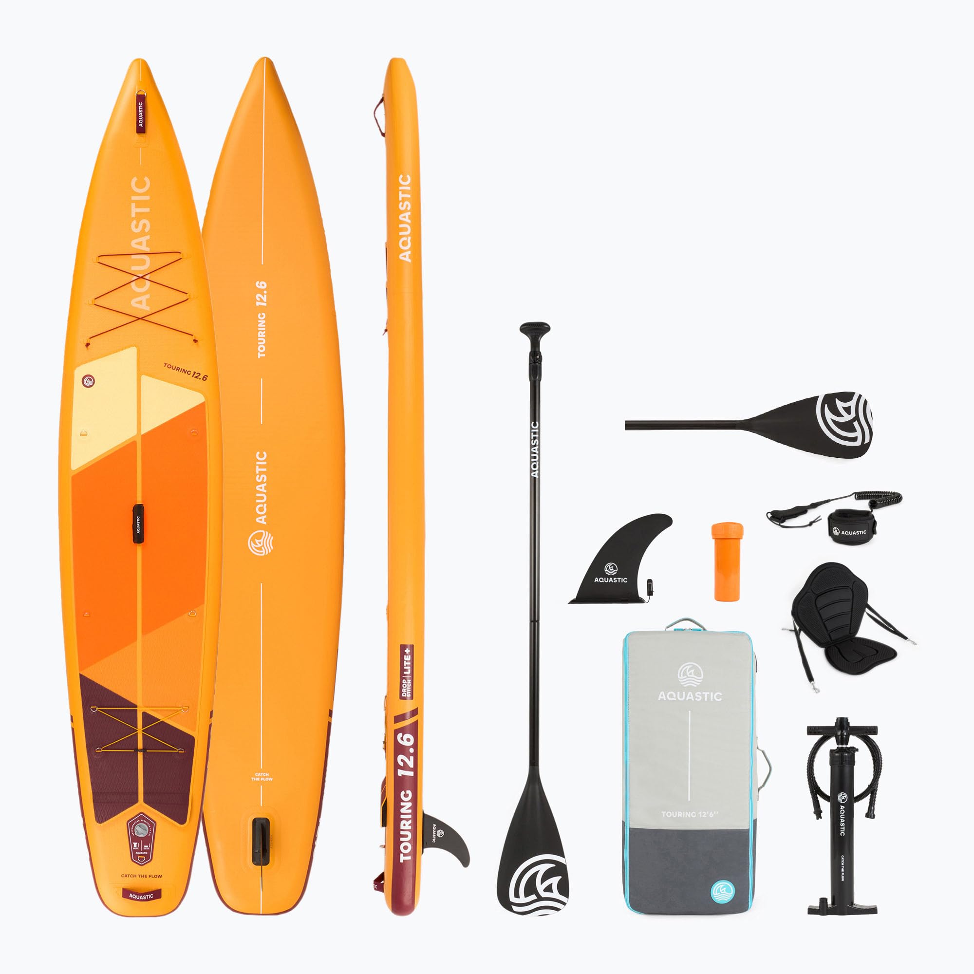 AQUASTIC Tabla de SUP hinchable Touring de 12'6 pulgadas, perfil Touring, Drop Stitch Lite + rigidez y ligereza, PVC de una capa de 2600 g/m², 381 x 76 x 15 cm, cilindrada de 355 l, capacidad de carga | 381 x 76 x 15 cm, 355 l, hasta 165 kg, con remo 2 en