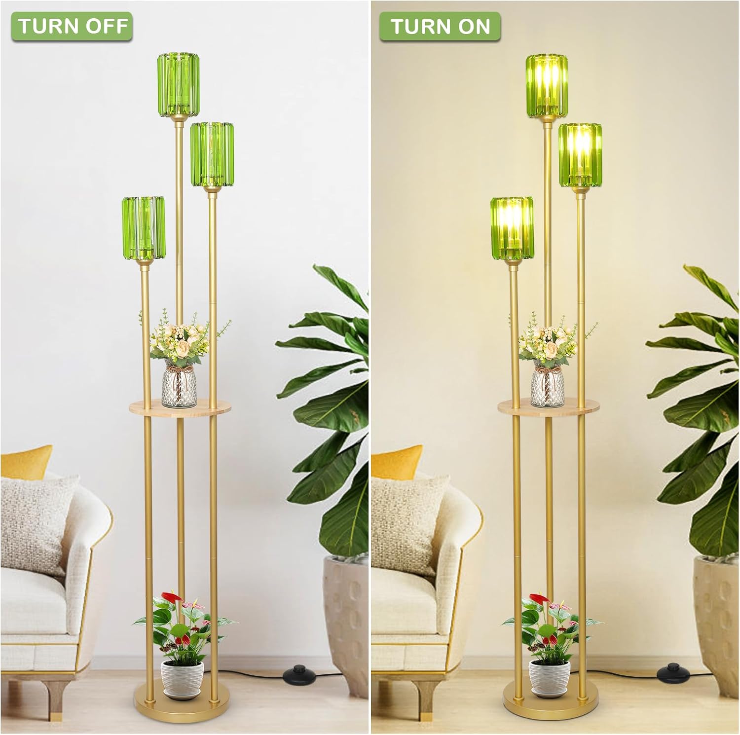 HMVPL Gold Floor Lamp for Living Room, Vintage Floor Lamp with Wood Shelf, Mid Century Standing Lamp with Table, Modern Tall Lamp with Green Crystal Shade, On/Off Switch, Boho Corner Lamp for Bedroom