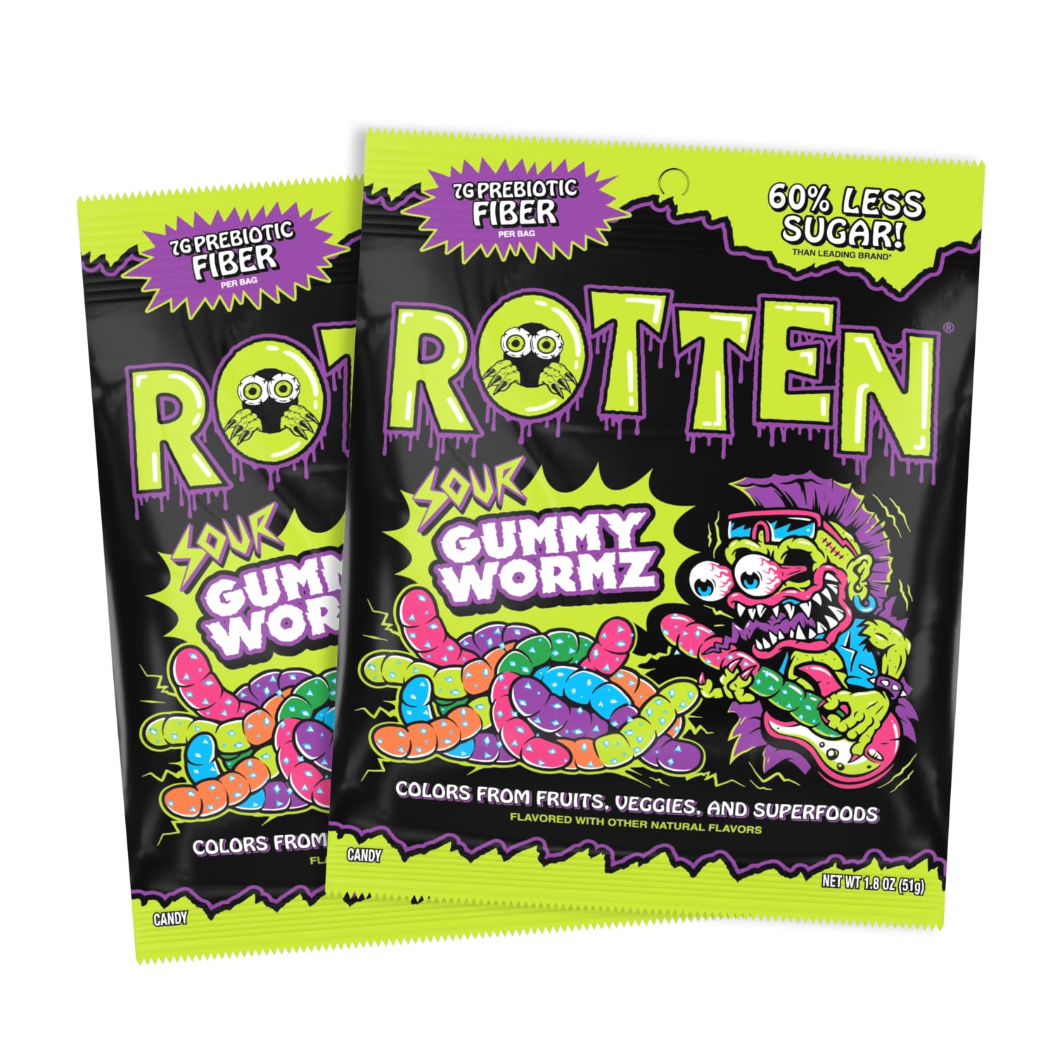 Sour Gummy Worms - Low Sugar, Low Calorie, 7g Gut-Friendly Prebiotic Fiber and 3g Protein, Gluten Free Candy - 5.3 oz Share Pack [2 Pack]