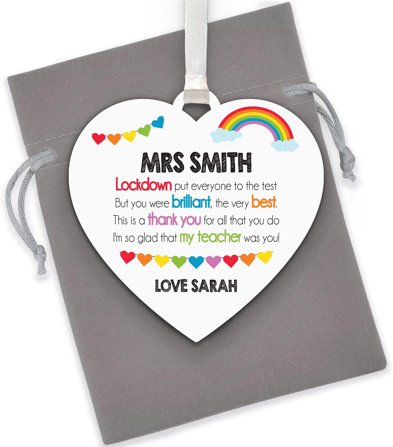 Lockdown Teacher Gifts - PERSONALISED Rainbow Teacher Thank You Gifts - Lockdown Gifts for Teaching Assistant, Key Worker - Rainbow Teacher Thank You - Lockdown Teacher Appreciation - With Grey Bag