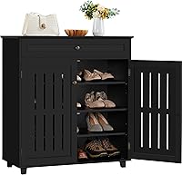 Yaheetech 4-Tier Shoe Cabinet with Drawer, Adjustable Shelves & Louvered Doors - Black Wooden Entryway Shoe Rack Organizer