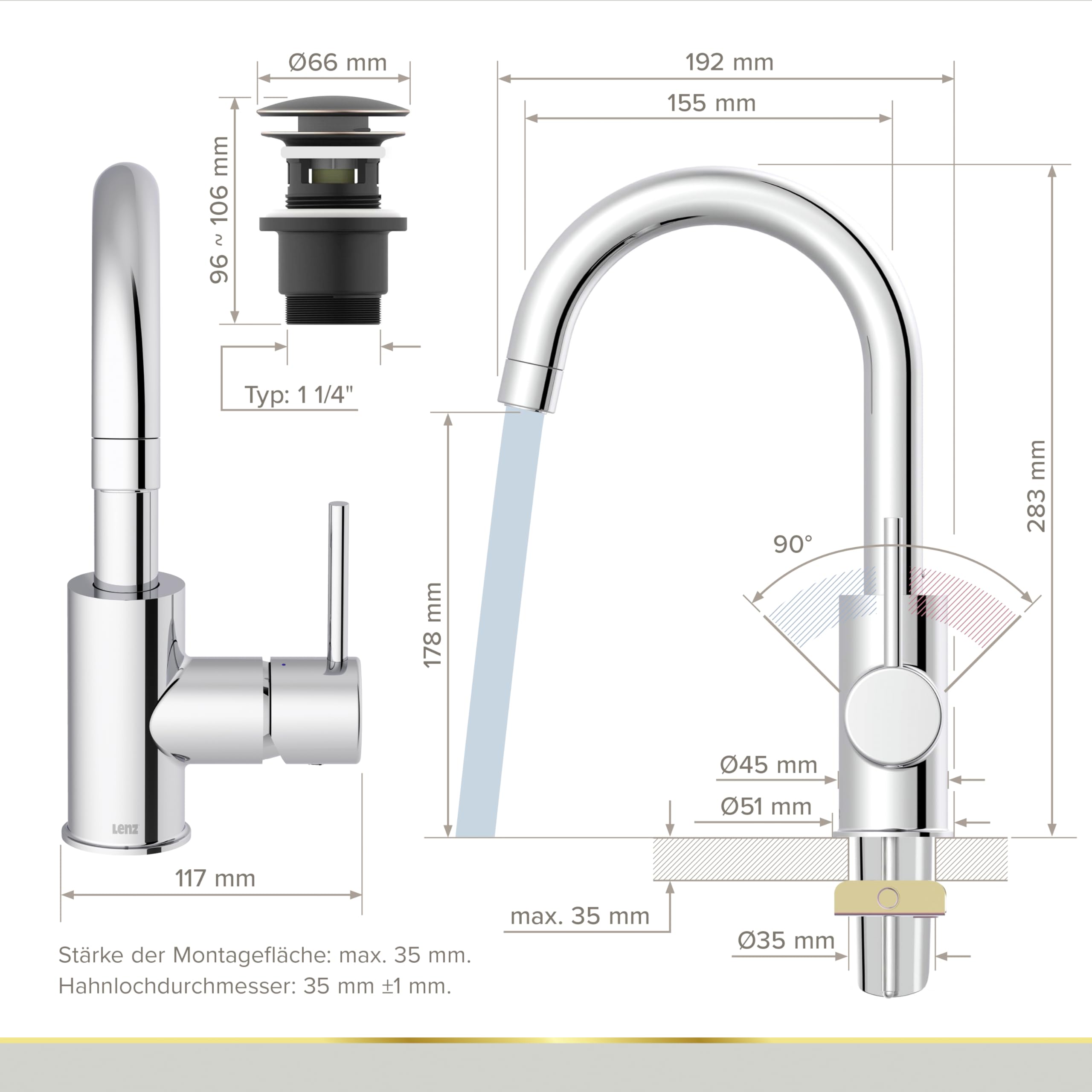 Lenz Waschtischarmatur Bow² in Chrom – 360° schwenkbarer Bogenauslauf – Mit EasyClean Pop-Up Ventil – EasyFix Befestigung von oben – Hochwertige & pflegeleichte Oberfläche – 46010202 | Badarmatur mit Anti-Kalk Markenmischdüse, Keramikkartusche, Befestigun