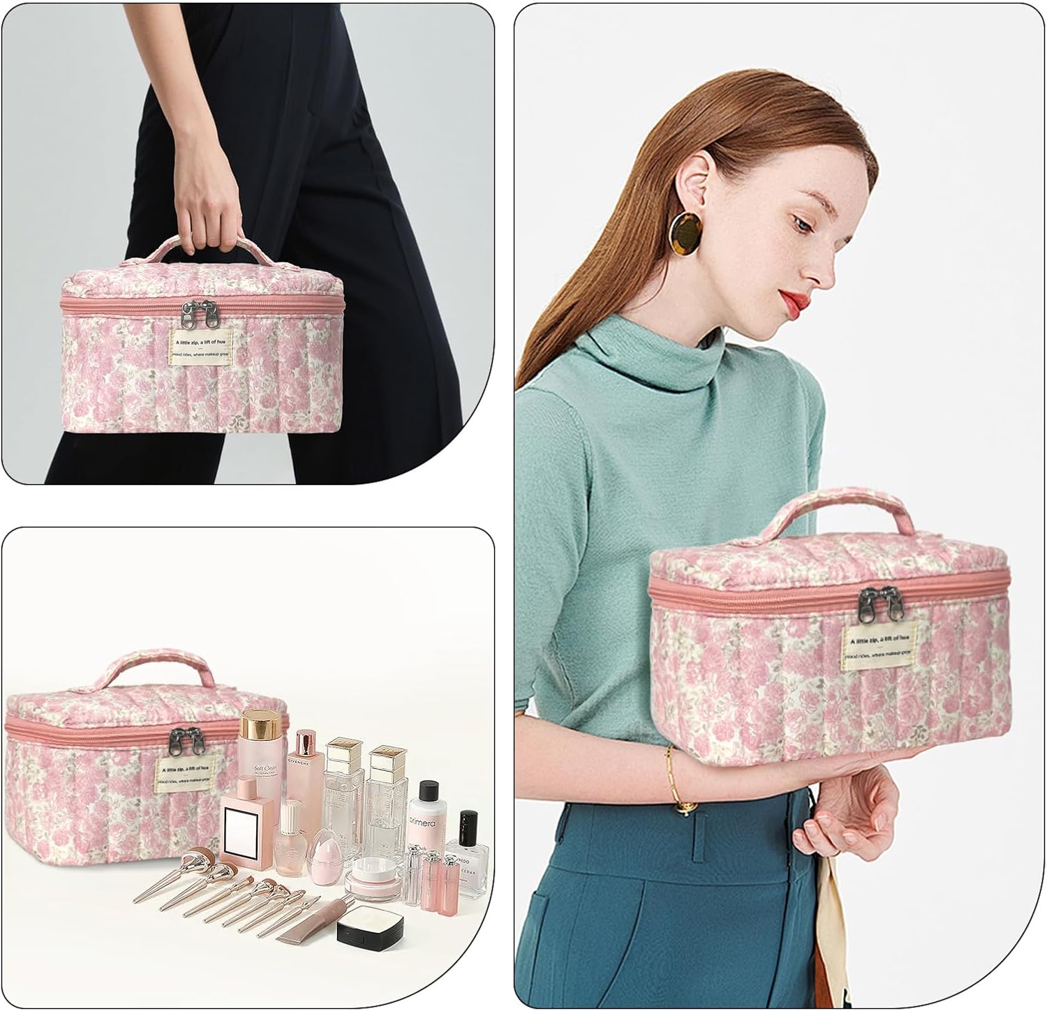 Gosect Large Makeup Bag, Cute Cosmetic Bag for Women Girls, Floral Coquette Aesthetic Toiletry Bag, Travel Make Up Organizer Bag (Crushed Flower) thumbnail