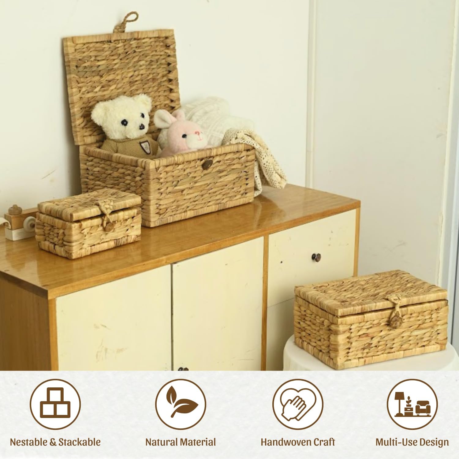 Wicker Storage Basket with Lid Set of 3 – Decorative Seagrass Boxes for Organizing Toys, Clothes & Essentials – Handwoven Natural Storage Bins for Home Decor