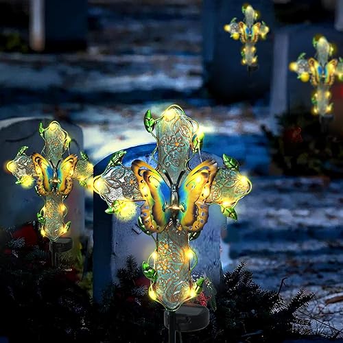 Miniatura 3 de Luces solares de jardín cruzadas para exteriores, cruz solar para decoración de tumbas de cementerio, luces conmemorativas de jardín, luces de