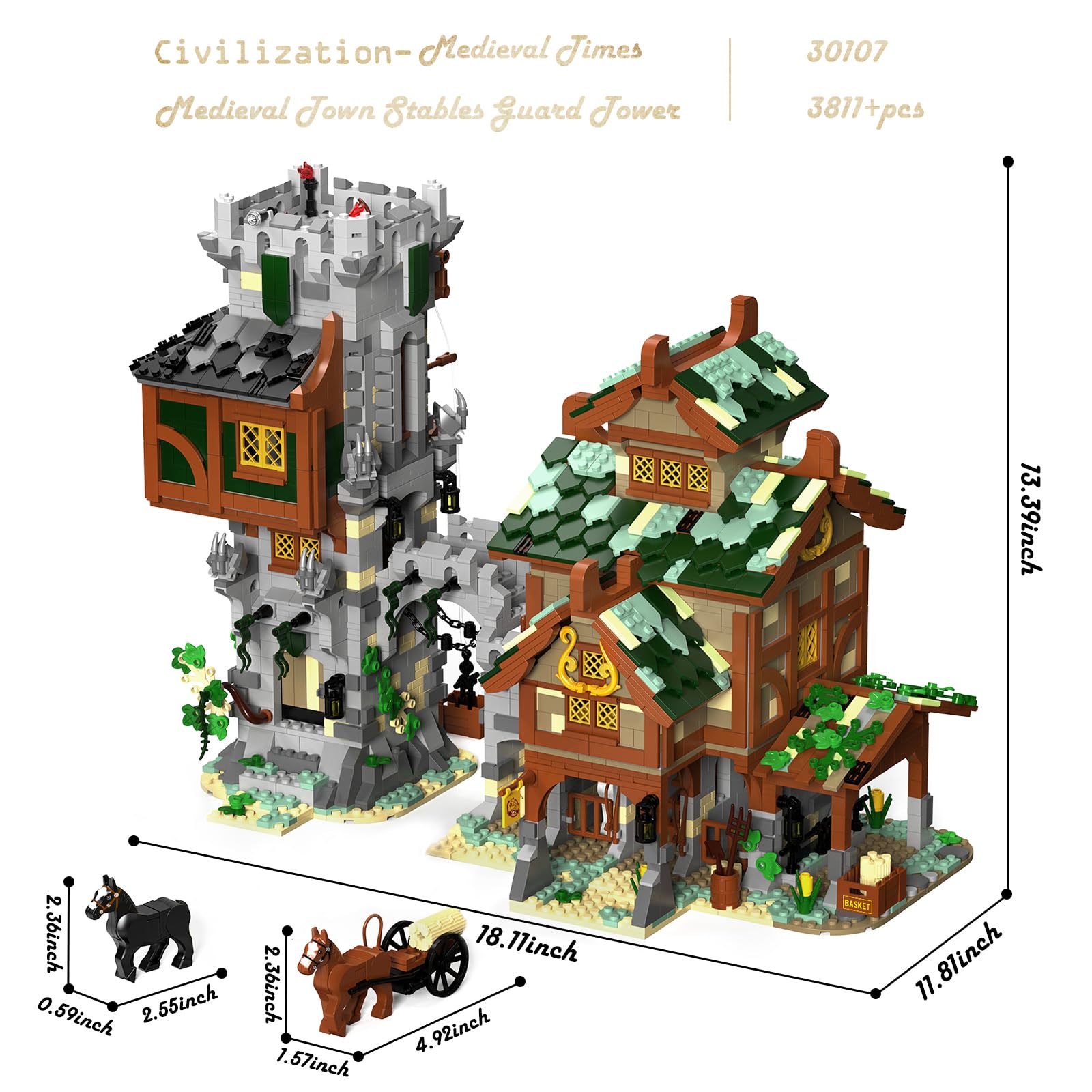 JMBricklayer Mittelalterliche Klemmbausteine für Erwachsene, Wachtturm Stall Modul Bauset mit Pferden, Ausstellungs Dekor Modellkollektion, BAU Architaction Geschenk für Jugendliche ab 14 Jahren