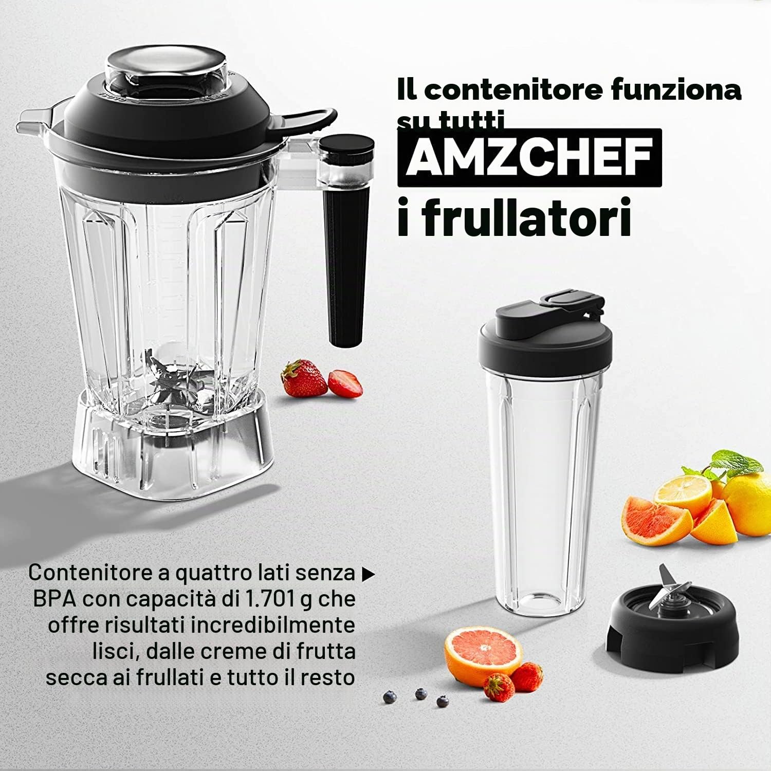 AMZCHEF 2-IN-1 Frullatore Professionale 2000W con Contenitore da 1850 ml e 600 ml per Due Modalità di Frullatura - 2000W Frullatore Tritatutto Multifunzione con Tamper e 6 Lame - Grigio Opaco