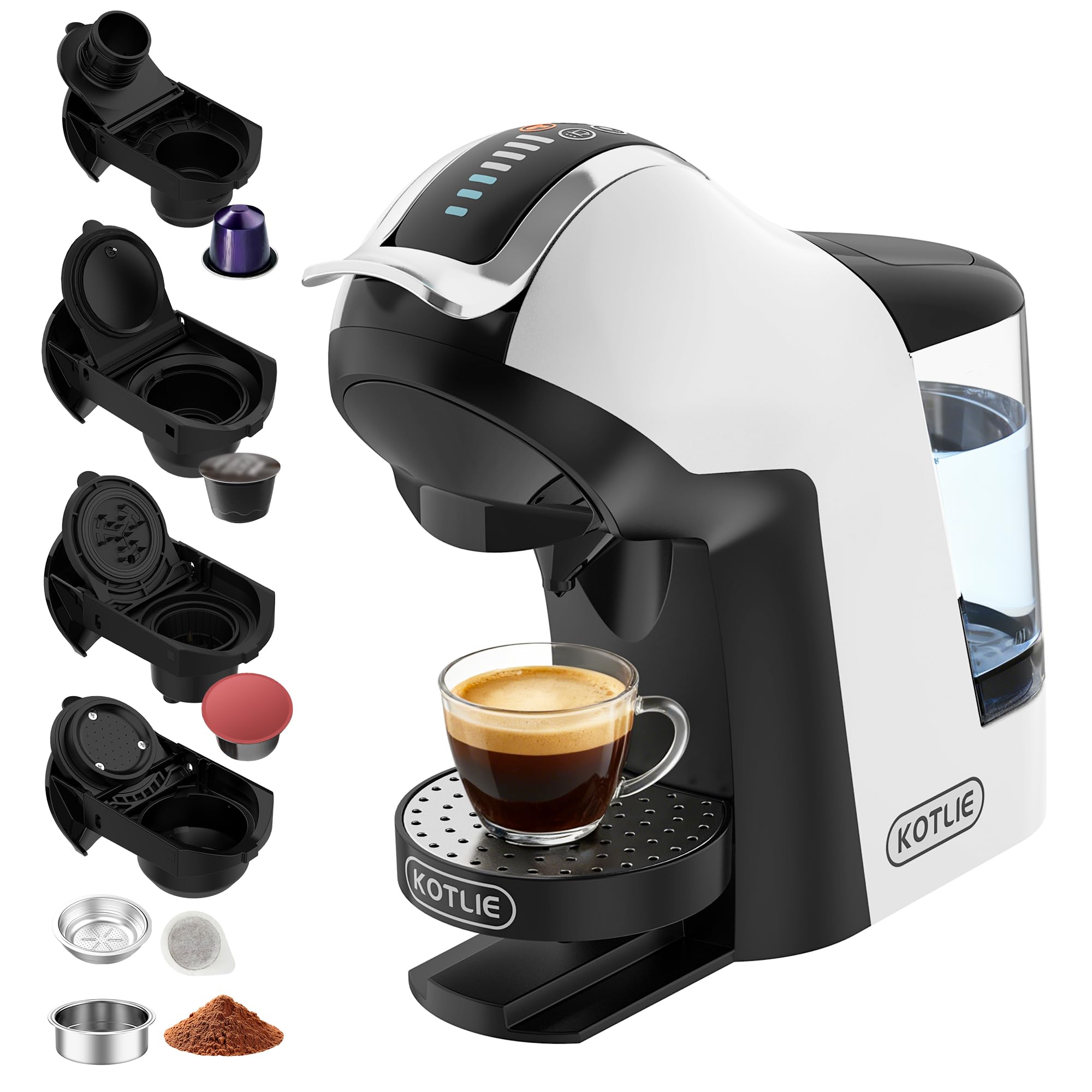 KOTLIE EM-308B Machine à café à capsules NES/DG/MIO/ESE et café moulu, réservoir d'eau de 1 litre, 3 températures d'infusion, idéale pour la cuisine, l'appartement et le bureau
