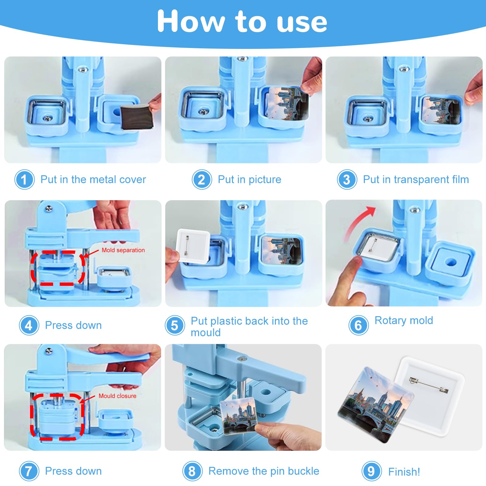 Juego de 100 piezas de botones cuadrados de 50 x 50 mm, kit completo de piezas de insignia de bricolaje con cubiertas de plástico, películas de PVC y cierres de metal para botones de fotos