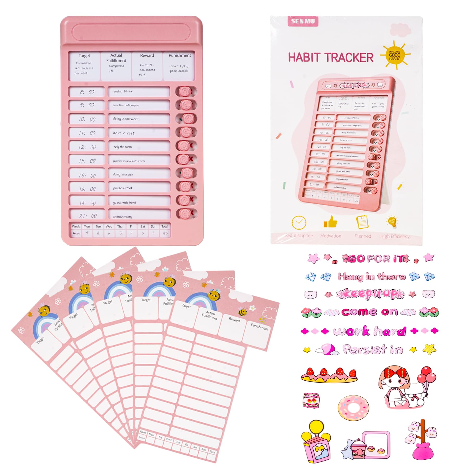 WISHKEY Habit Tracker Daily Planner For Kids And Adult Chore Chart Plastic Checklist Board 7 Detachable Cardstock to Do List Planner Checklist Task Planning Board for Kids and Adults (Pink)