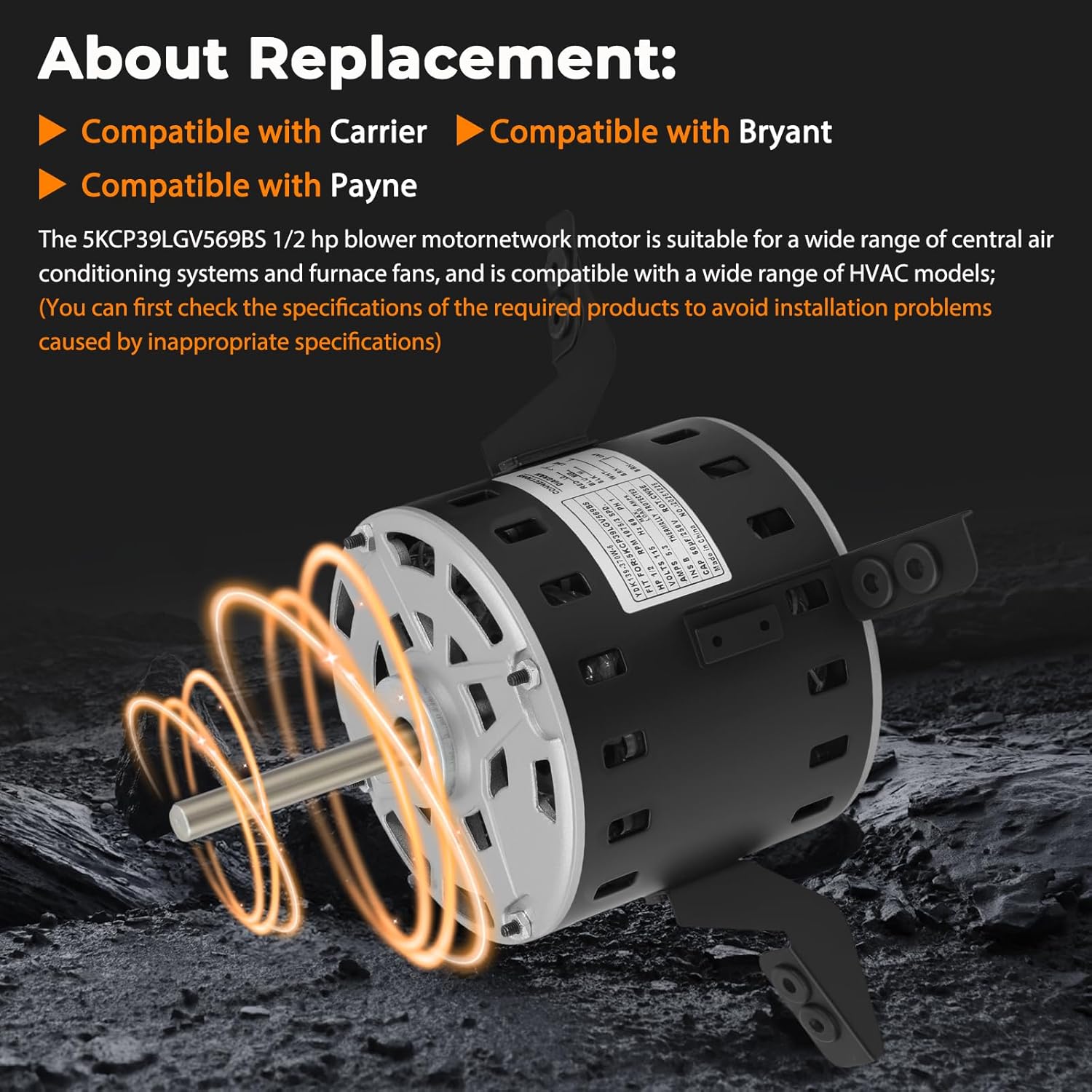 Blower Motor Furnace with Capacitor 5KCP39LGV569BS 1/2HP 115V Compatible with Carrier, fit for Bryant Payne HC43TE113 AC Conditioner Motor (7.9A 48 Frame 60Hz 1075RPM 3Speed CW/CCW)