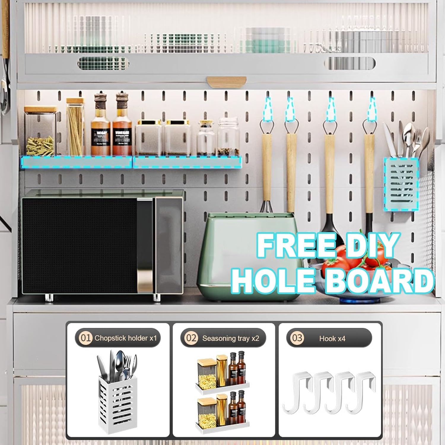 Freestanding Multi-Layer Kitchen Floor Cupboard，Microwave Storage Stand,5-Tier Standing Kitchen Baker‘s Rack, 5 Tiers Storage Cabinet for Kitchen, with Drawers, for Kitchen Hutch, Home, Offi