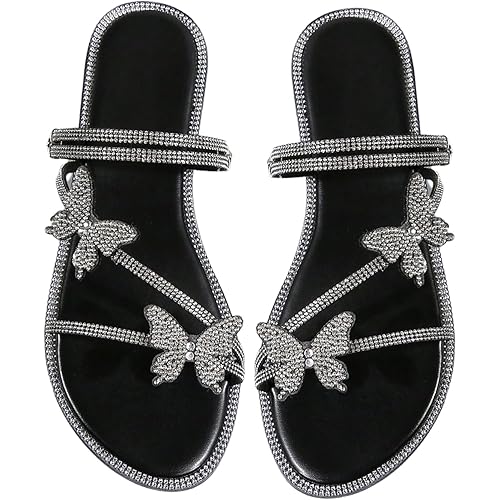 OYOANGLE Women's PU Leather Rhinestone Sandals Butterfly Strappy Flat Open Toe Elegant Slides Sandals