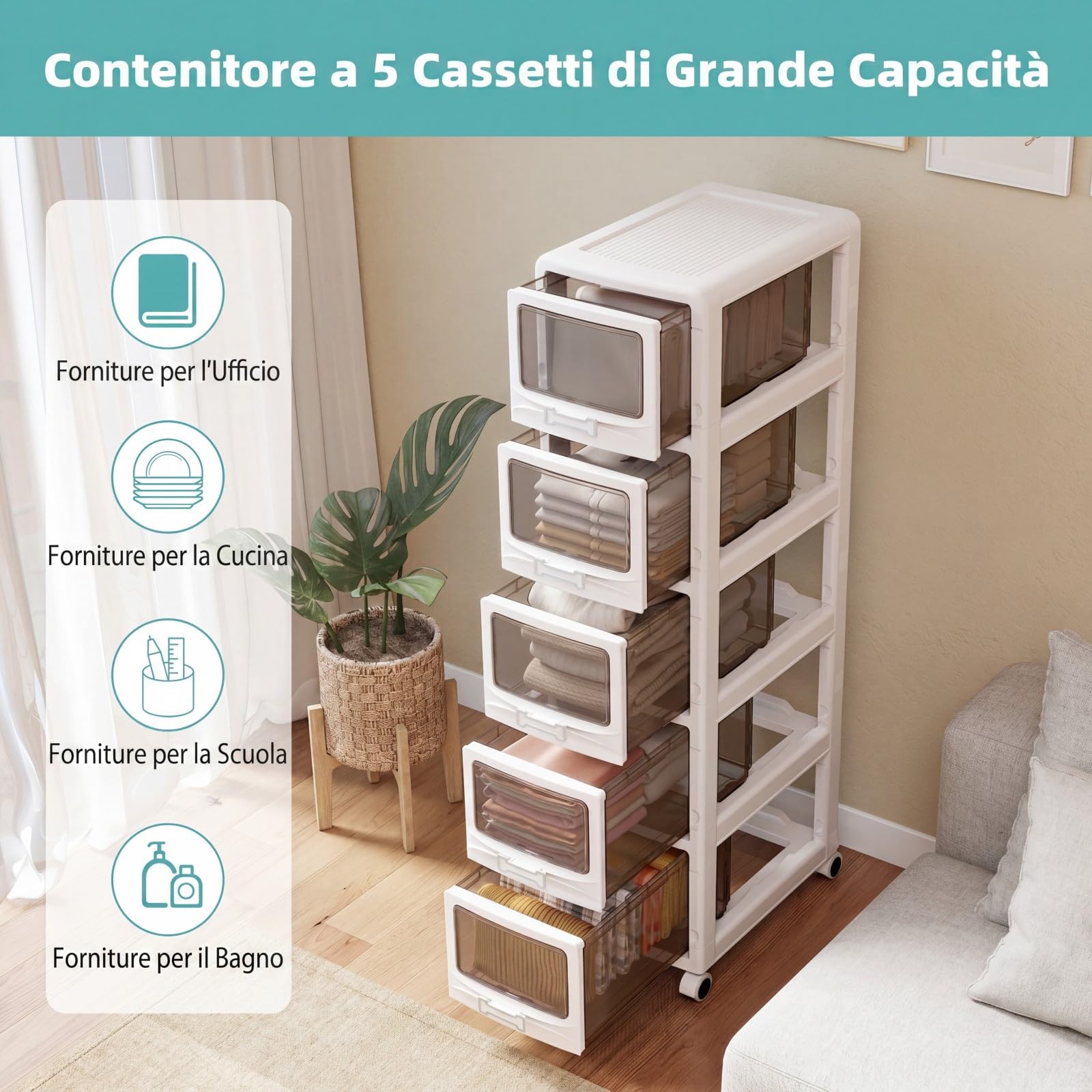 COSTWAY Cassettiera Plastica Trasparente con 5 Cassetti, Carrello Salvaspazio con Ruote Bloccabili e Maniglie, Design Antipolvere, Piedistallo Mobile per Bagno, Cucina e Ufficio (5 cassetti)