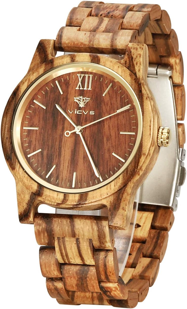 VICVSWooden Watches for Men Women Natural Walnut/Olive Wood Chronograph Japanese Quartz Adjustable Strap Military Sports Leisure