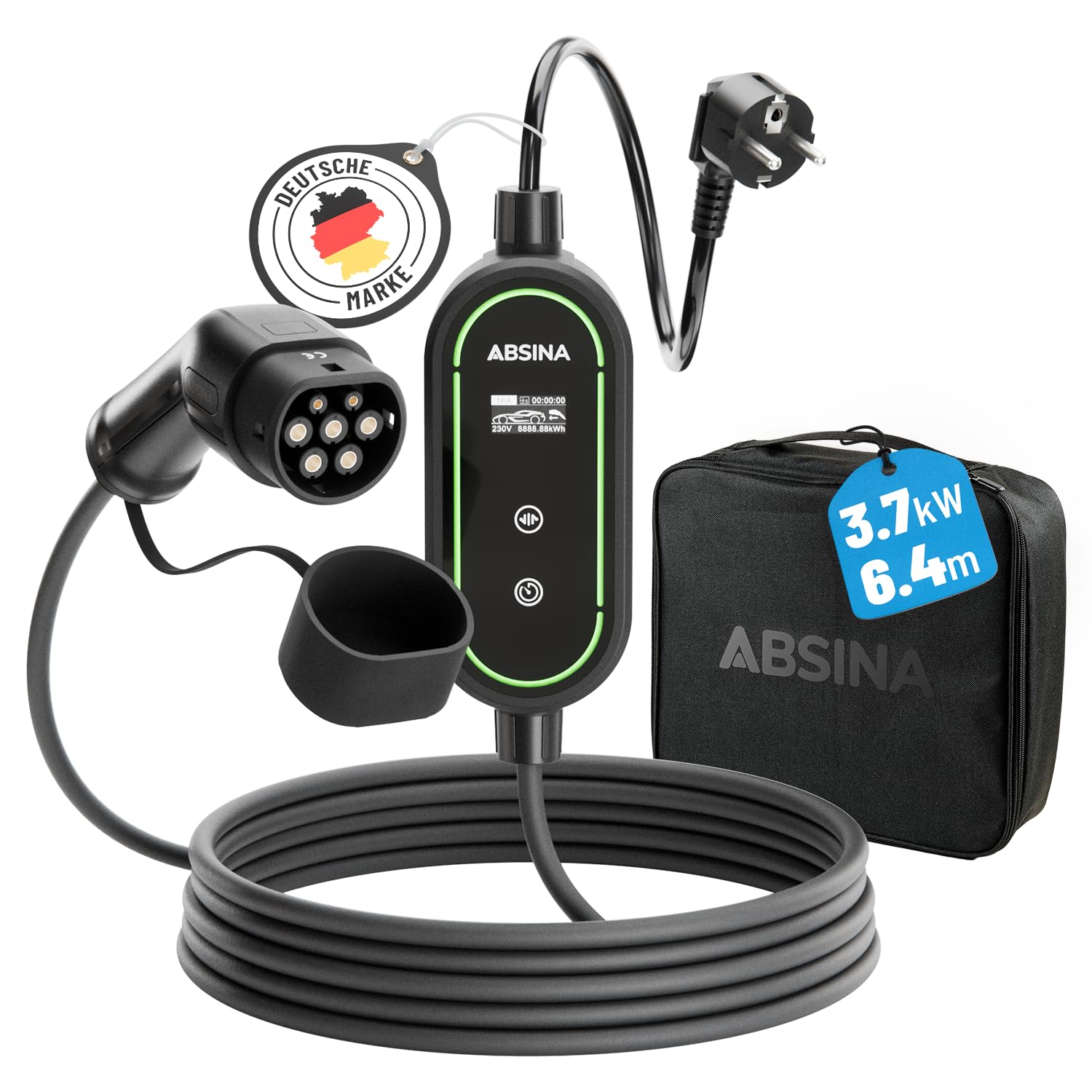ABSINA Typ 2 Ladekabel Schuko mit Einstellbarer Ladeleistung - ICCB Ladekabel 3,7kW 16A 1 phasig IP67 mit 6,40 m Kabel - Ladekabel Schuko auf Typ 2 für i3, e-Up, ID.3, ID.4, Zoe, fortwo, Kona UVM