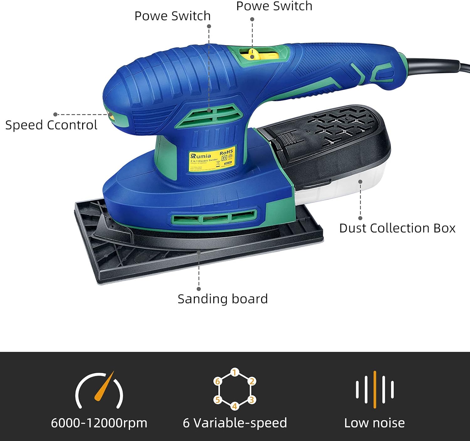 Rumia 2 in 1 Electric Sander, 3.2A (350W) Detail Sander with 20Pcs Sandpapers 6 Variable Speeds 12000RPM, Powerful Dust Collection System Detail Sander Machine DIY for Woodworking-MS02A - - 