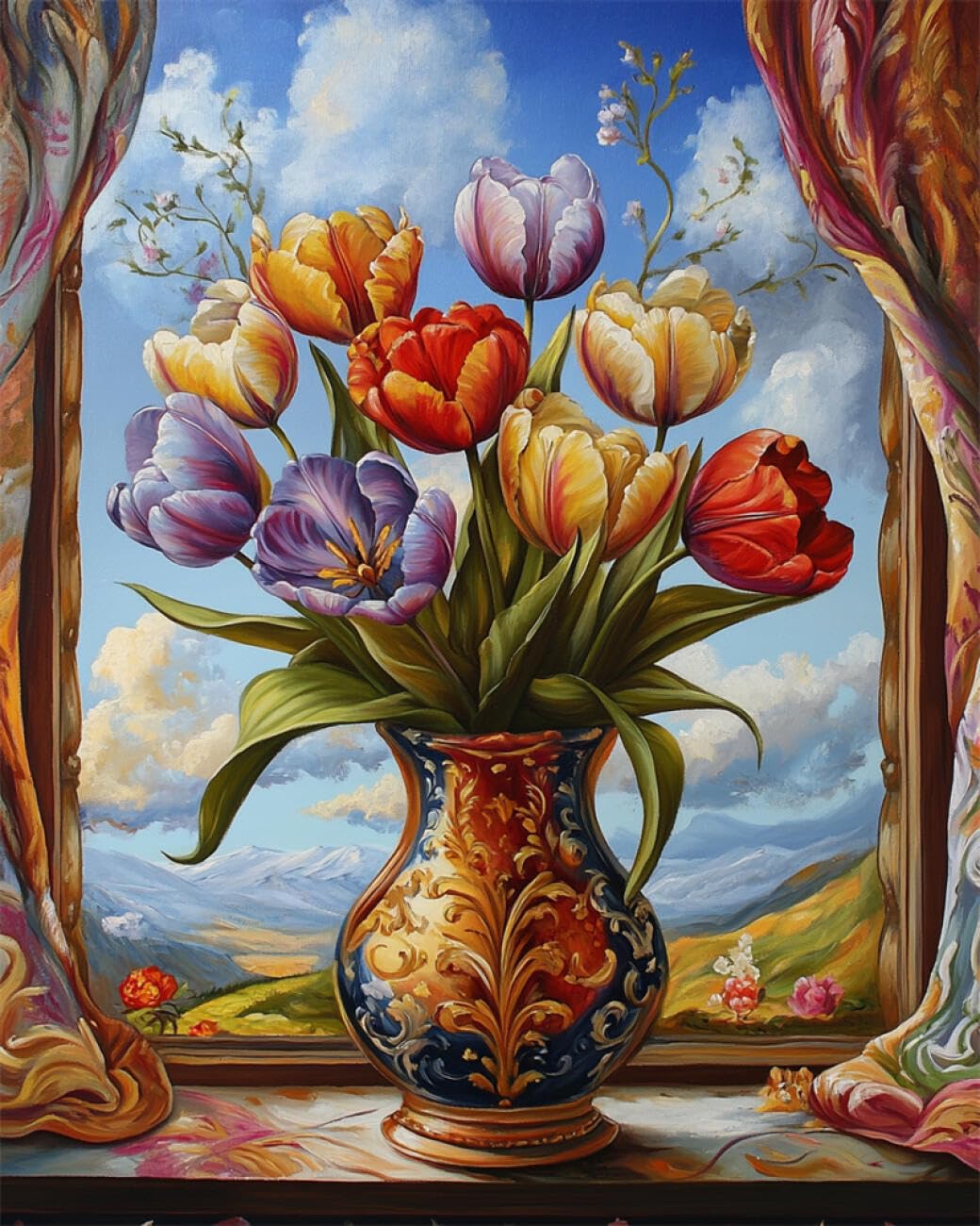 AMBATTERY Flowers DIY Bead Embroidery Kits Tulips in A Vase Needlepoint Handcraft Kit DIY Beaded Painting 3D Tapestry Bead Cross Stitch Set 40x50cm