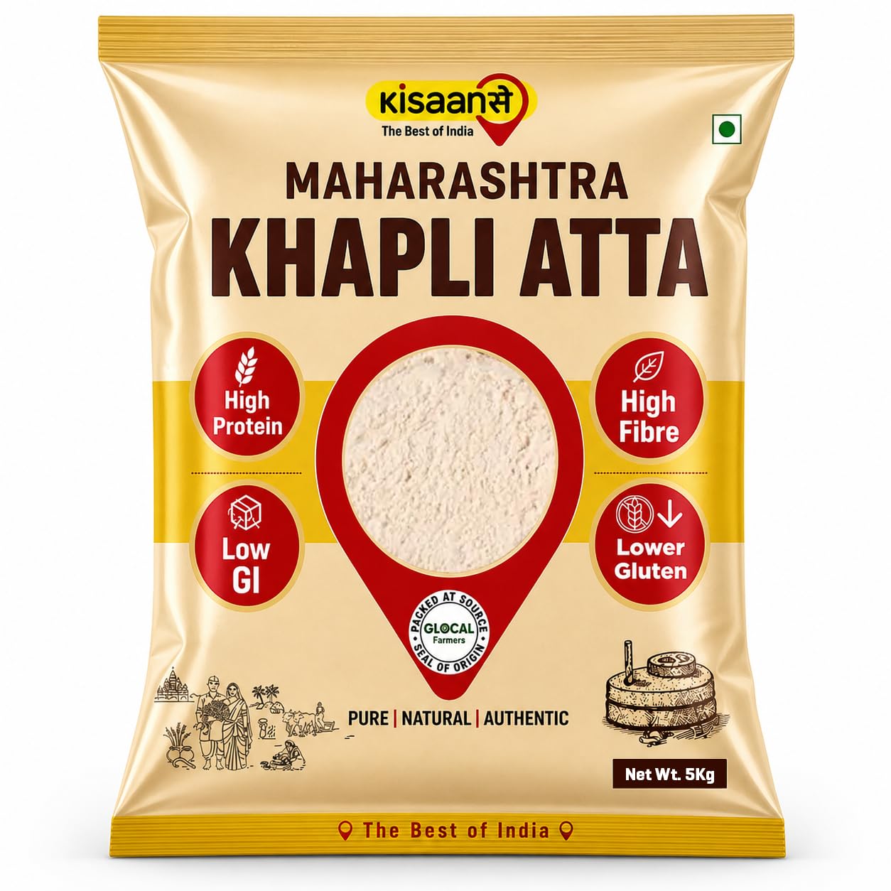 KisaanSay Maharashtra Khapli Atta (5 KG) | Tradtionally Stone Chakki Ground | Stoneground High Protein Atta | Low Gluten Emmer Wheat Flour | High in Fibre & Easy to Digest Khapli Wheat Atta | Nutrient-Rich & Low GI Flour for Softer Rotis