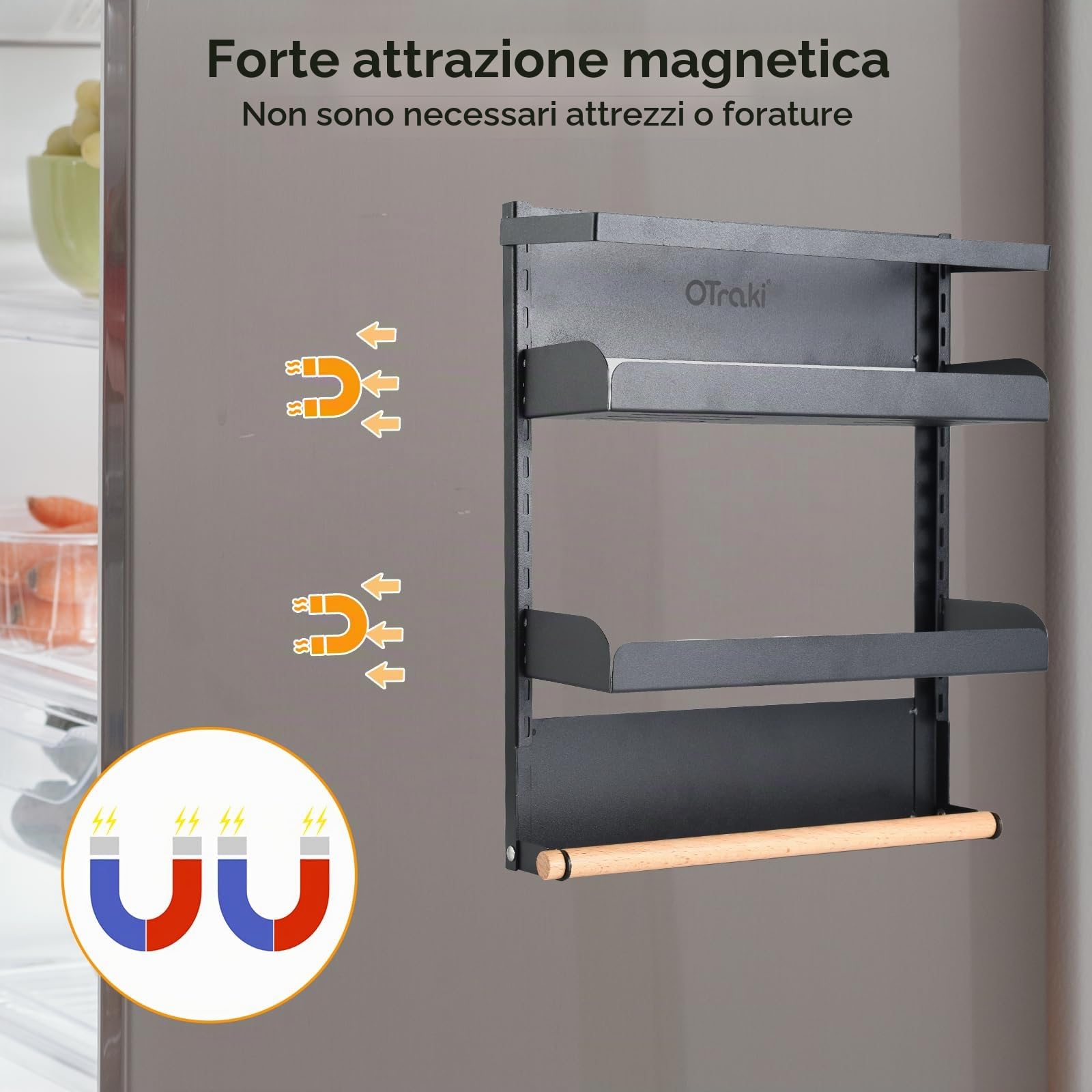 OTraki Scaffale Portaspezie Magnetico per Frigorifero, 2 Ripiani Organizer Cucina Senza Foratura Carico Massimo 8 Kg, Portaspezie Da Parete in Acciaio Inox con Porta Rotolo da Cucina e 4 Gancio