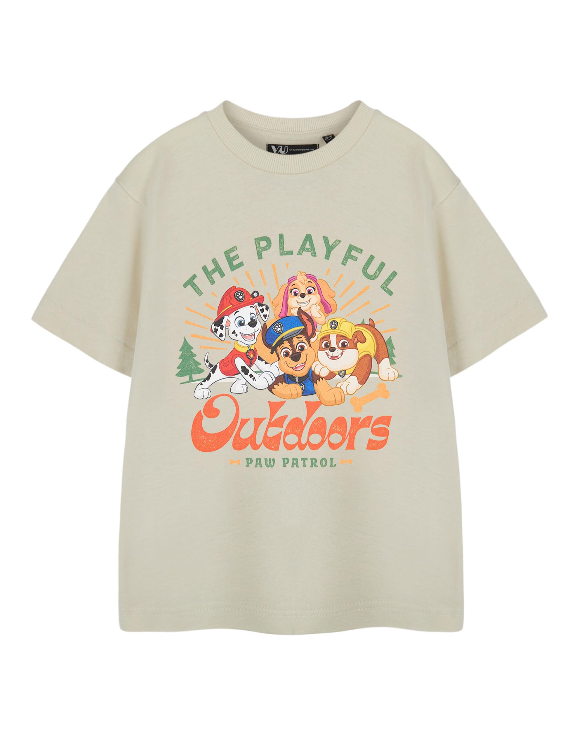 Paw Patrol Boys Beige Short Sleeved T-Shirt | Playful Outdoors Graphic Tee | Chase Marshall Rubble Skye Characters | Kids Lightweight Party Top Movie Apparel Gift