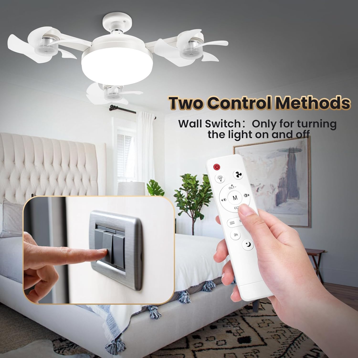 Dimmbar LED Lampe mit Ventilator, Deckenlampe mit Ventilator Leise, Timing, 50W 3-Gang Deckenventilator mit Licht und Fernbedienung (inkl. Lampenfassung E27 mit Verlängerung) für Schlafzimmer Wohnung