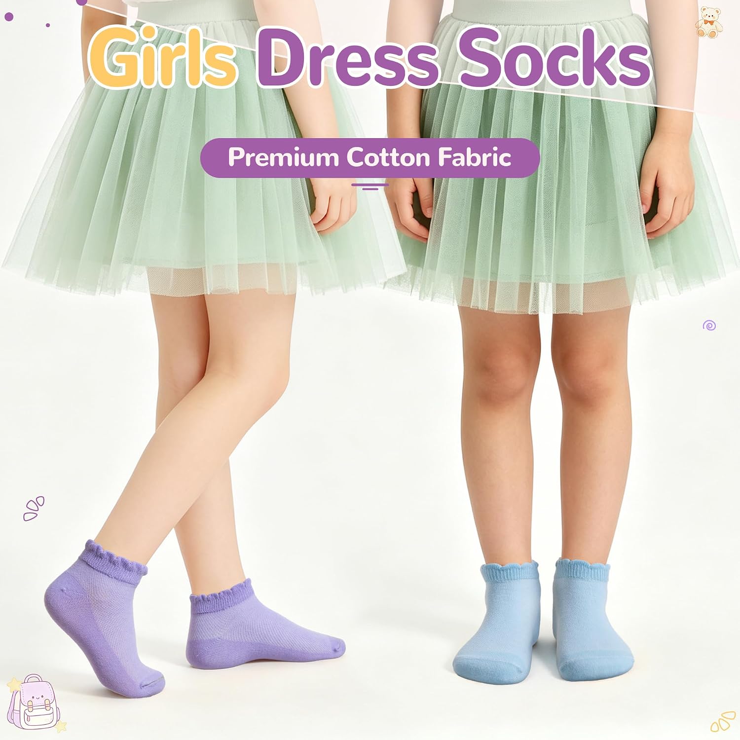 Velice Girls Ruffle Socks White School Uniform Dress Lace Cotton Frilly Dress Ankle Socks 6 Pairs
