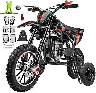 FRP FX40-OGM 40CC Teens Dirt Bike with Training Wheels Kit, 4-Stroke Gas Powered, 20 MPH Max Speed, Front & Rear Disc Brakes, Compatible with 5.9"-10" Ground Clearance, 132 LBS Capacity,Black