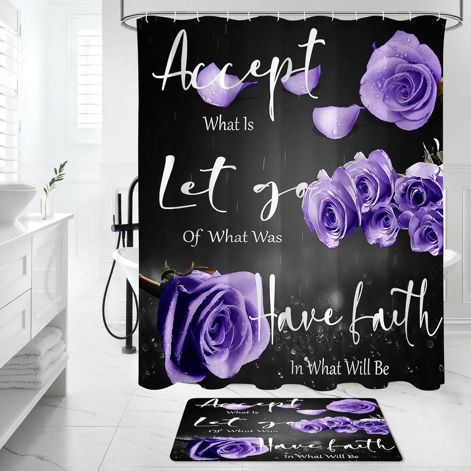 4 Pcs Lavender Rose Shower Curtain Sets with Non-Slip Rug, Toilet Lid Cover and Bath Mat, Thankful Blessed Black Purple Retro Elegant Shower Curtain Valentine's Day Bathroom Set(Hooks Not Included)
