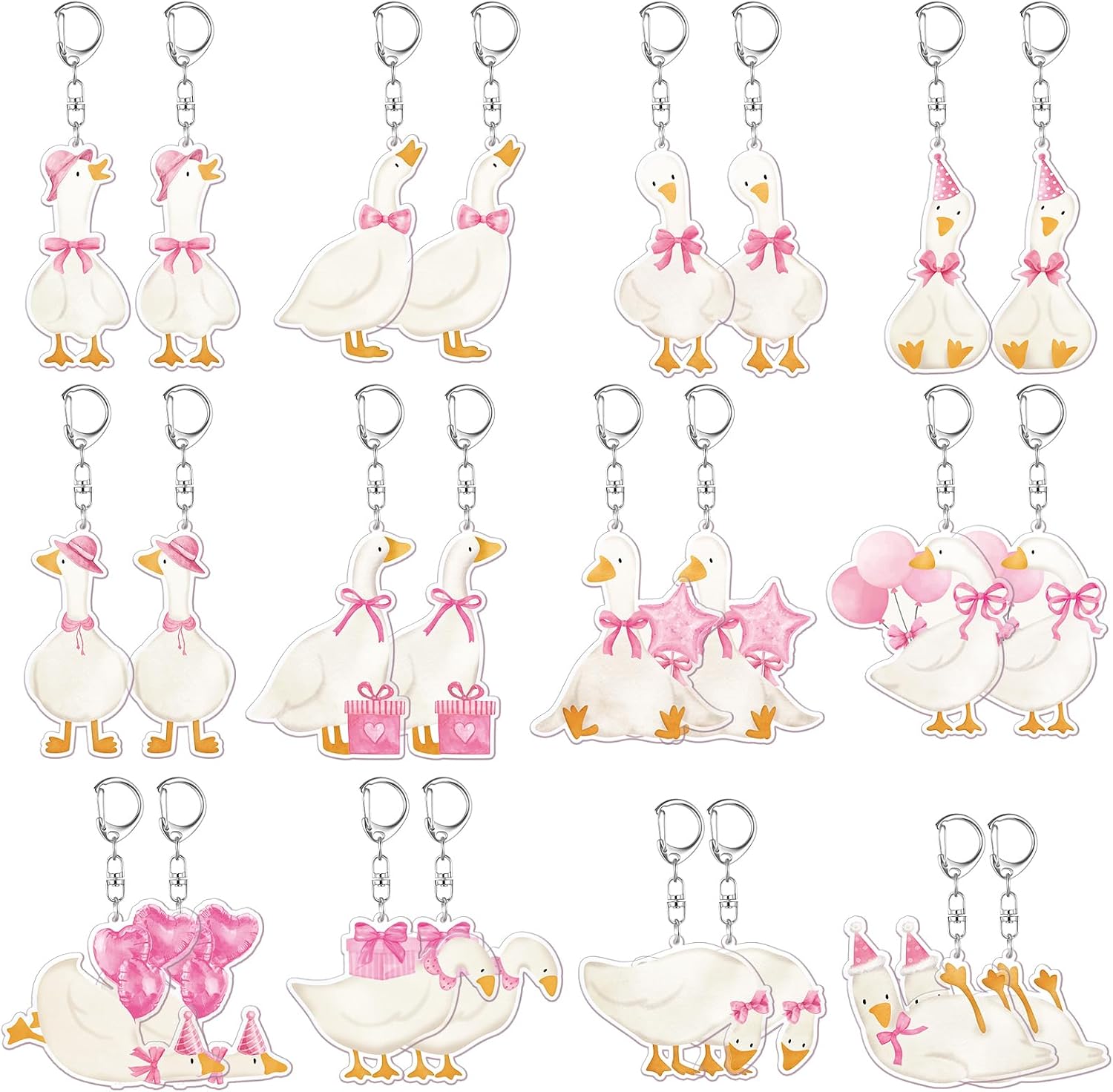 Threehoney 24 Pcs Goose Keychain Bulk Pink Bow, Acrylic Farm Animal Goose