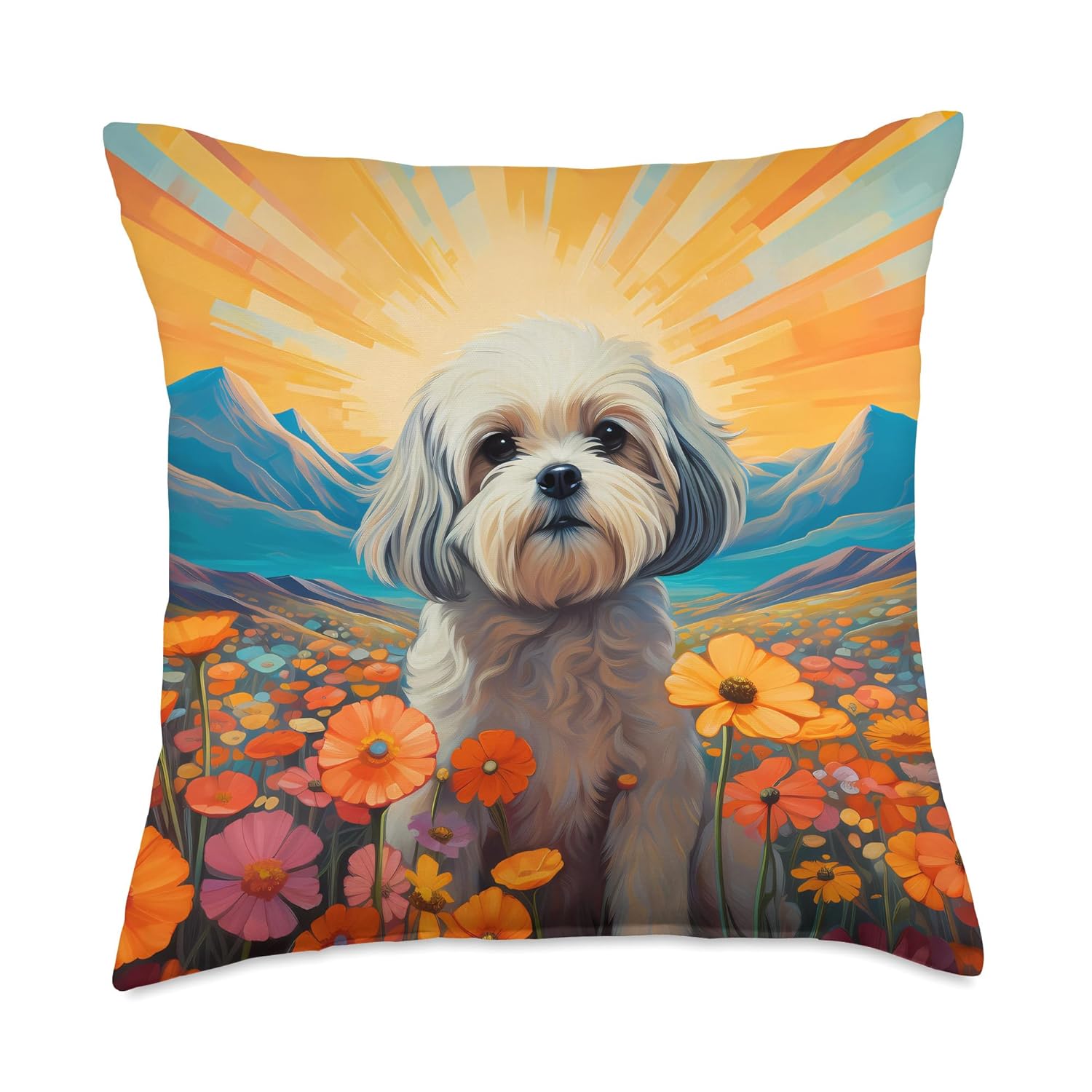 Lhasa Apso Puppy Dog Cute Flower Mountain Sunset Colorful Throw Pillow