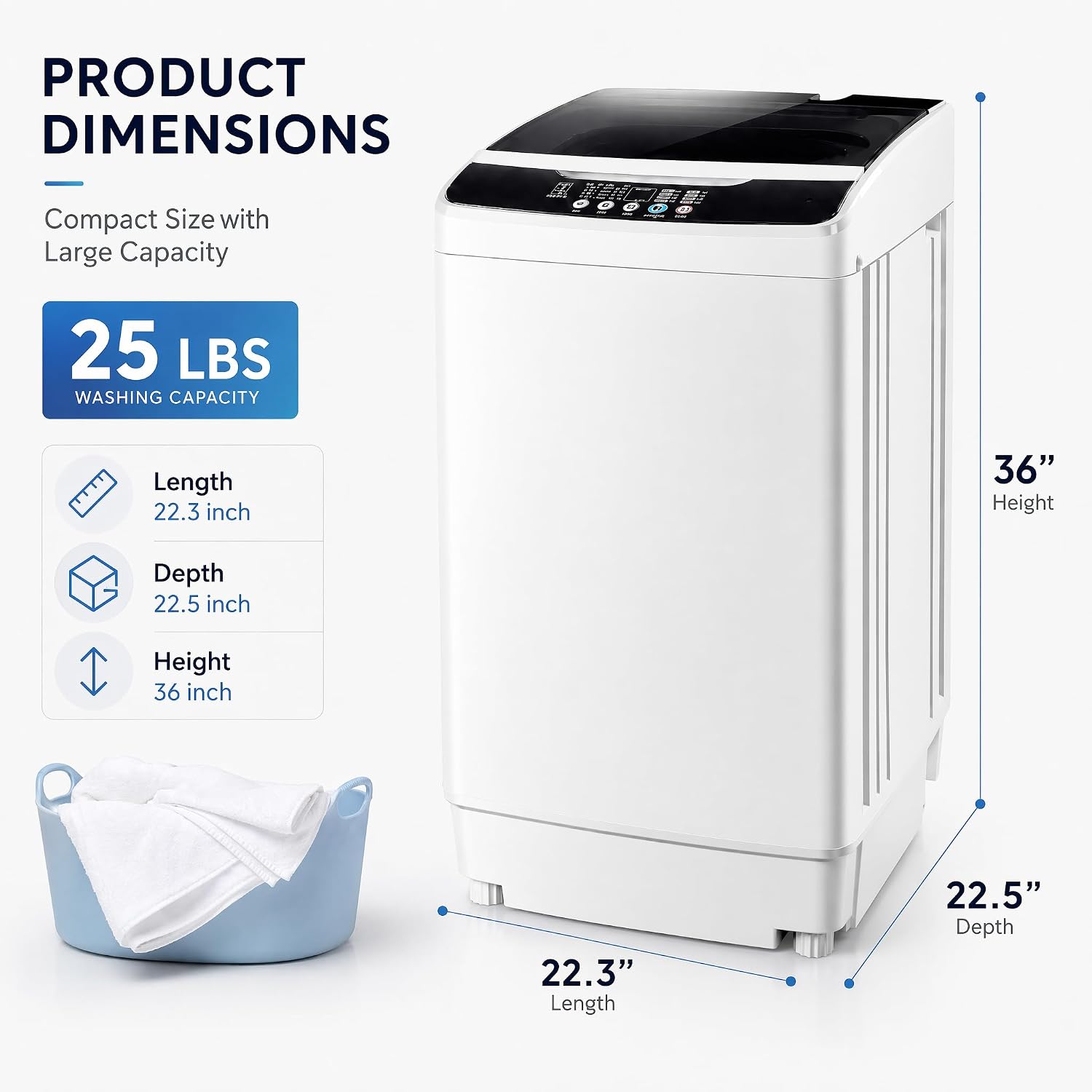 17.8/25/30 lbs Portable Washing Machine, Full-Automatic Compact Washer & Spin Dryer Combo, Stainless Steel Drum, Drain Pump, Digital Control, 26min Quick Wash for Apt Dorm Home (25 lbs) thumbnail