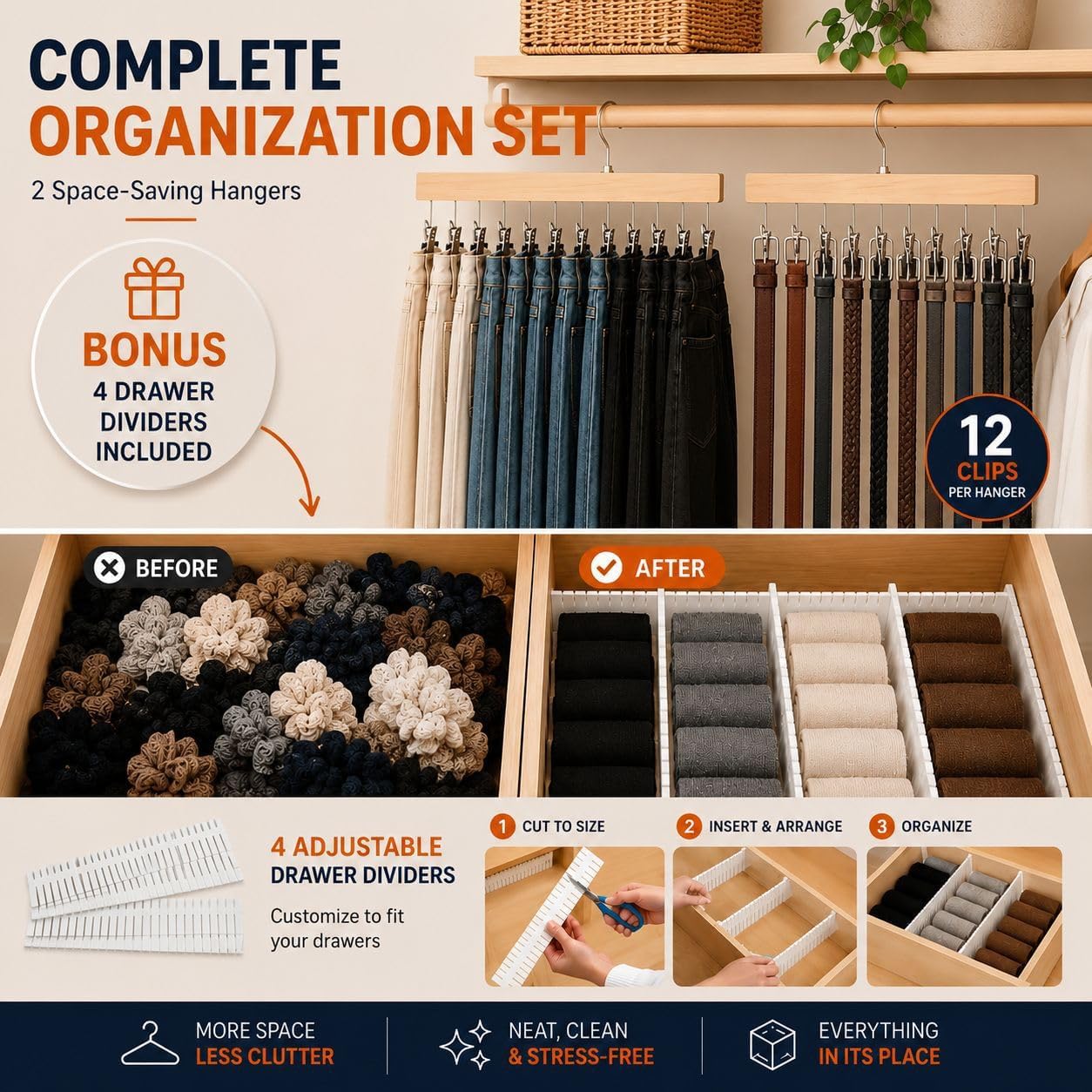 Closet Organizer Set - 2 Space Saving Hangers with Clips + 4 Drawer Dividers, Non-Slip Pants, Skirts & Caps Hanger with 360° Rotating Hook, Closet Storage Organizer