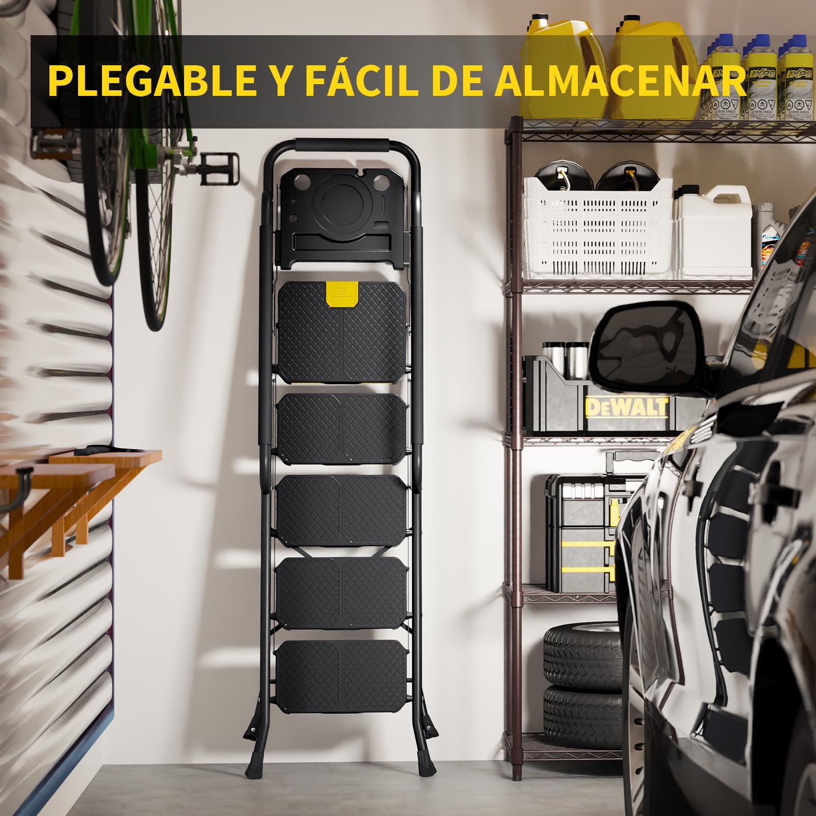KINGRACK Escalera de Tijera 5 Peldaños Plegable con Pasamanos de Seguridad y Bandeja de Herramientas, Escalera Doméstica con Gran Pedal Antideslizante, Uso Hogar Cocina Despensa Armarios Oficina