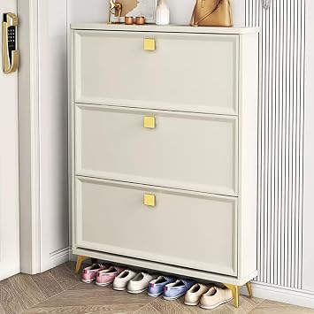 Wood Shoe Cabinet,Freestanding Tipping Bucket Shoe Rack Organizer with 3 Flip Drawers,Adjustable Shelves Shoe Organizer Cabinet,with Metal Legs narrow Slim Shoe Rack for Entryway,Hallway,Bedroom