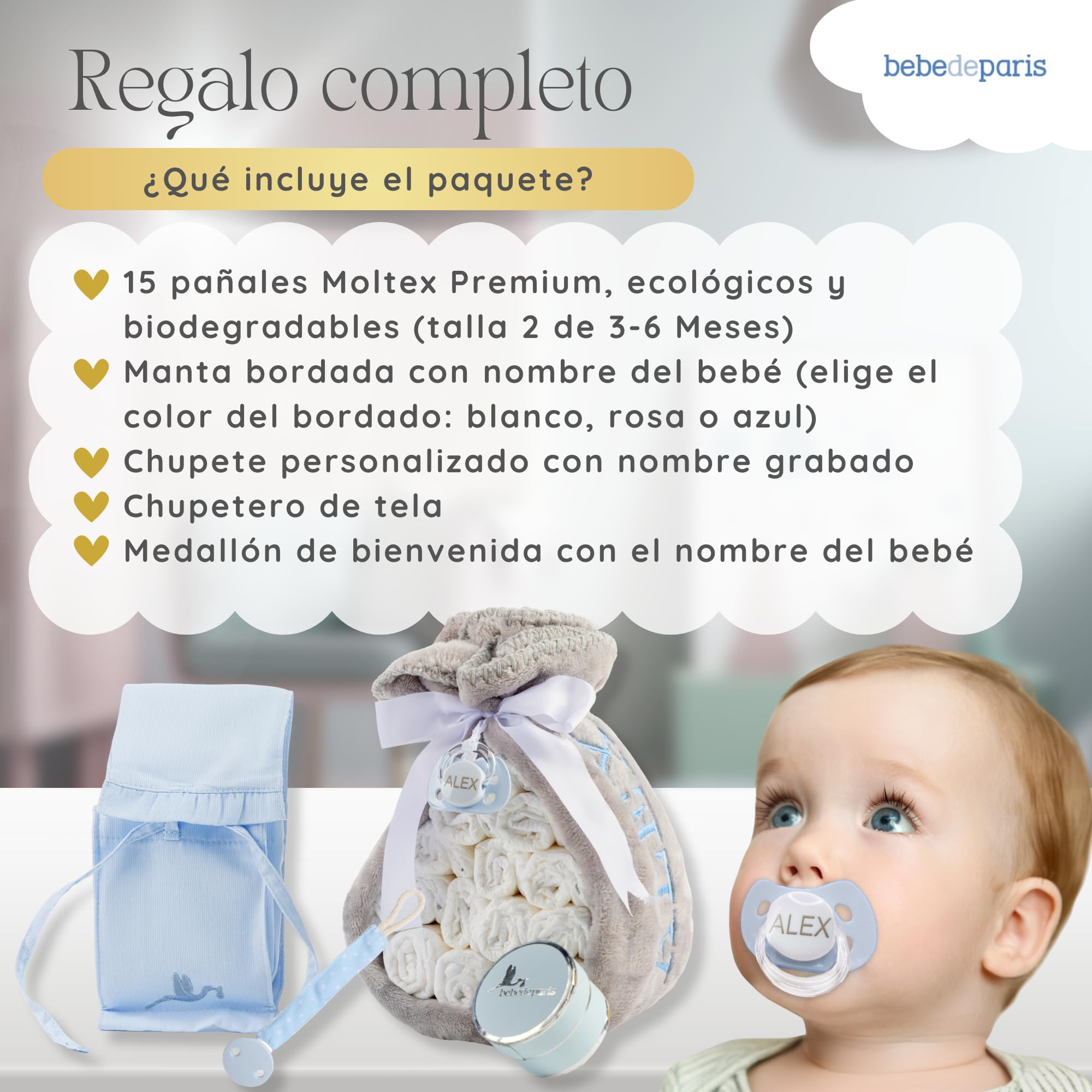Tarta de Pañales para Recién Nacida con Manta Bordada + 15 Pañales Talla 2 + Chupete Personalizado Azul | BebeDeParis