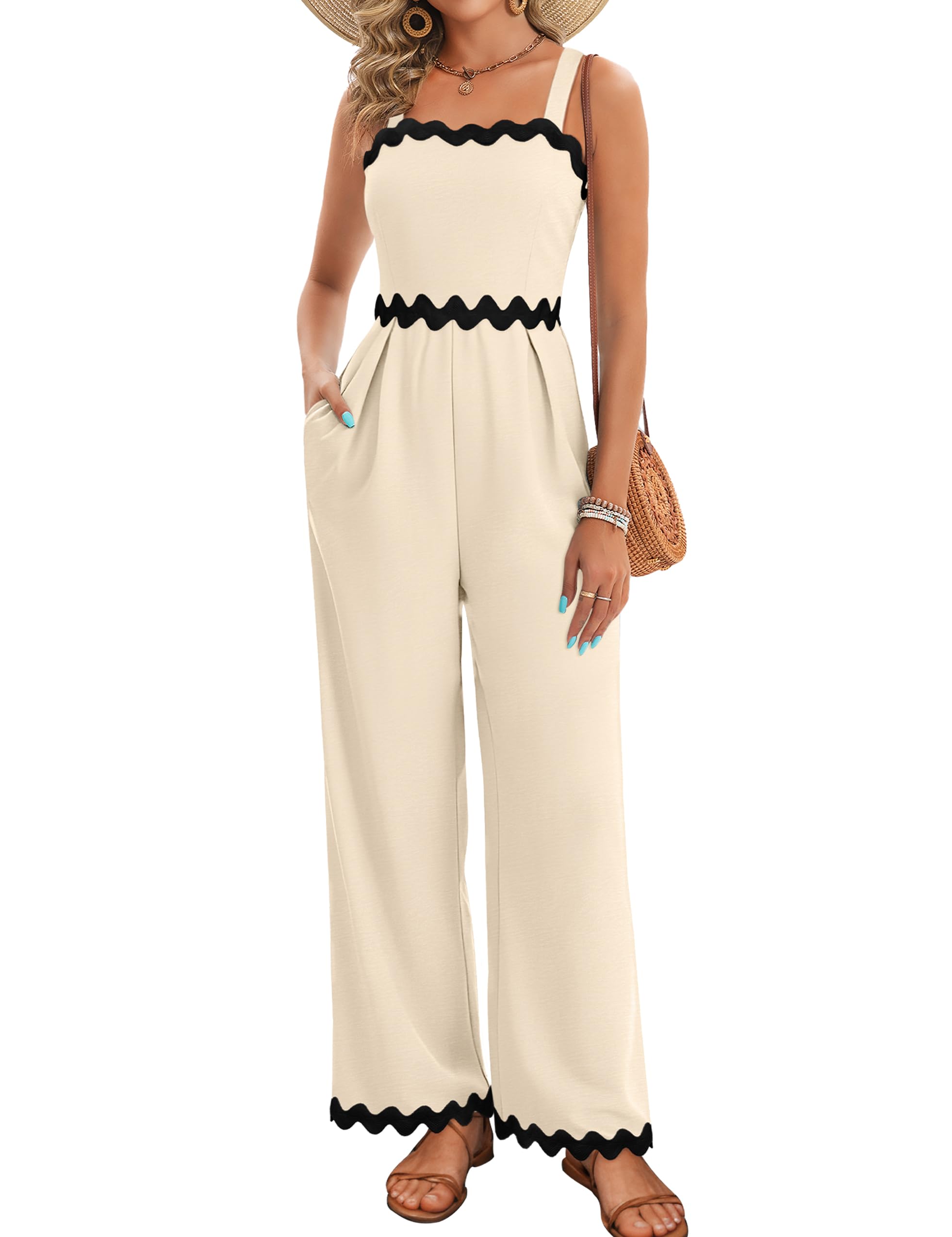 agerway Womens Summer Jumpsuits Dressy Rickrack Trim Square Neck Casual One Piece Sleeveless Wide Leg Long Pant Rompers-picture-37